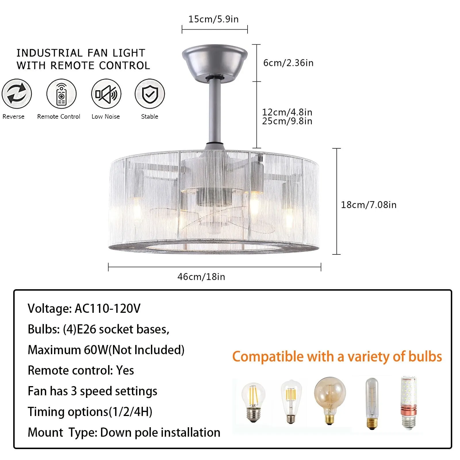 18 inch Modern Industrial Bladeless 3 Wind Speed 3 Blades Down Rod Ceiling Fan with Caged Mesh Shade, Chandelier Ceiling Fan with Light and Remote Control Silver
