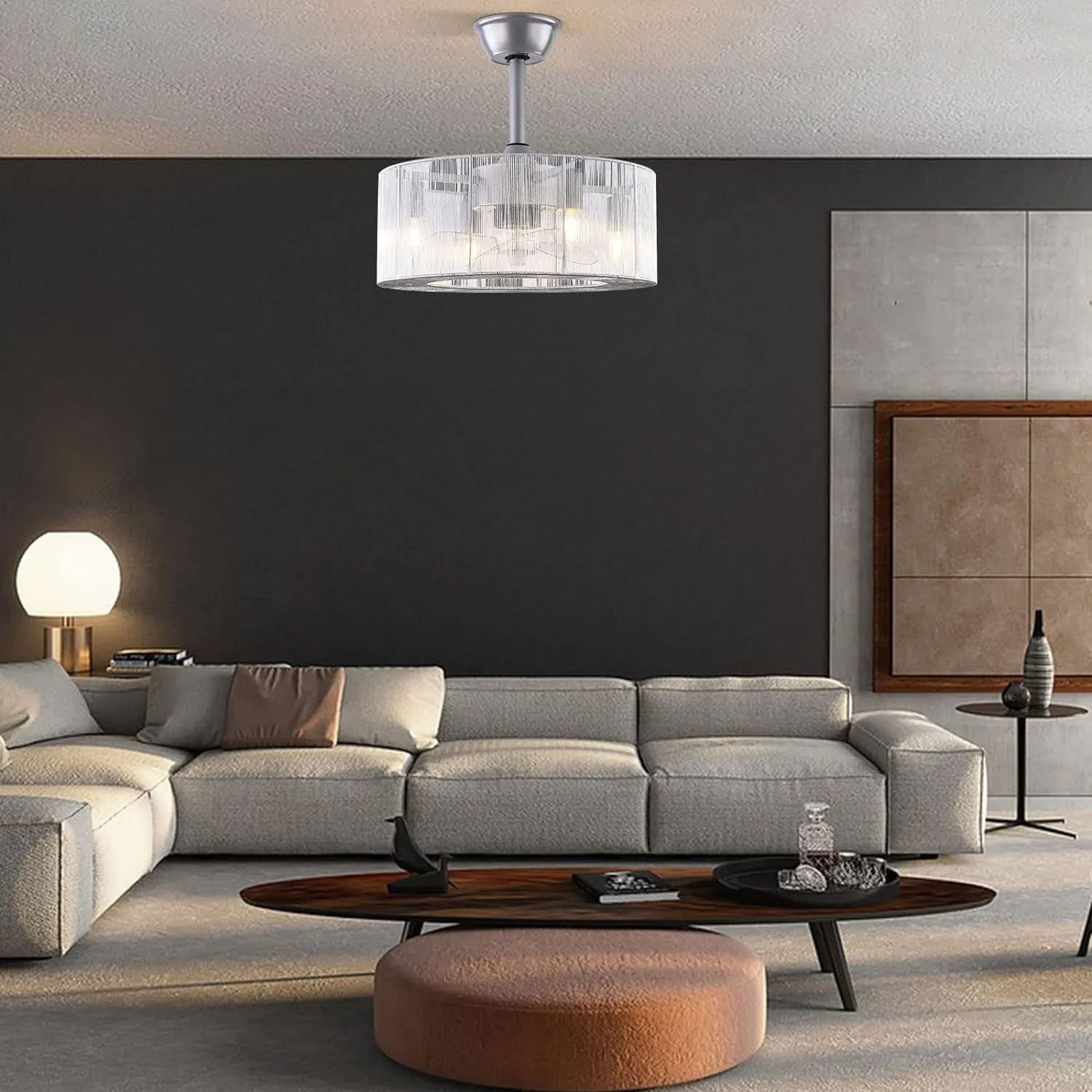 18 inch Modern Industrial Bladeless 3 Wind Speed 3 Blades Down Rod Ceiling Fan with Caged Mesh Shade, Chandelier Ceiling Fan with Light and Remote Control Silver