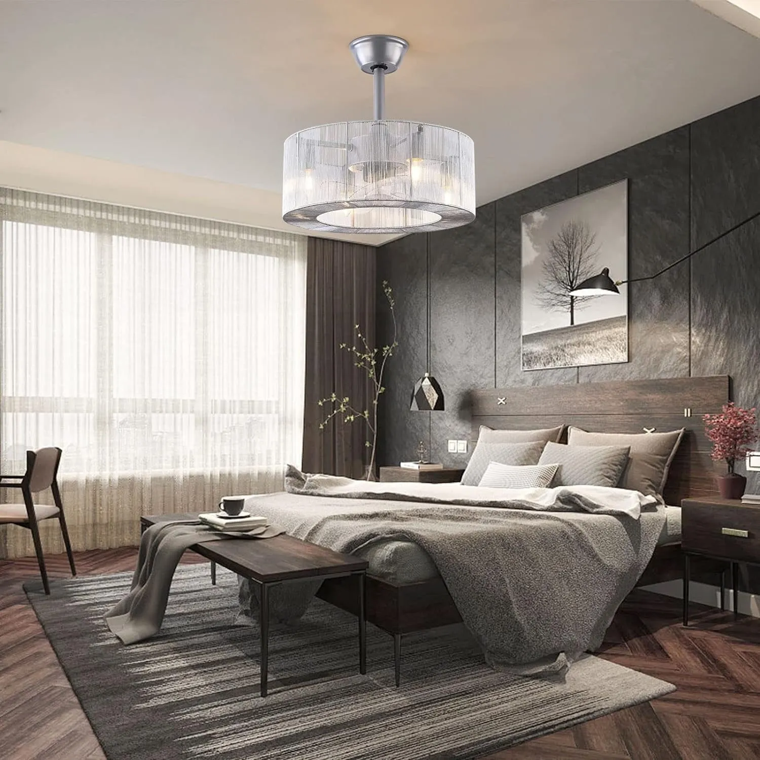 18 inch Modern Industrial Bladeless 3 Wind Speed 3 Blades Down Rod Ceiling Fan with Caged Mesh Shade, Chandelier Ceiling Fan with Light and Remote Control Silver