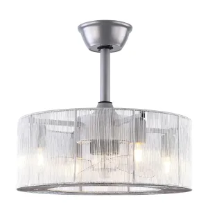 18 inch Modern Industrial Bladeless 3 Wind Speed 3 Blades Down Rod Ceiling Fan with Caged Mesh Shade, Chandelier Ceiling Fan with Light and Remote Control Silver