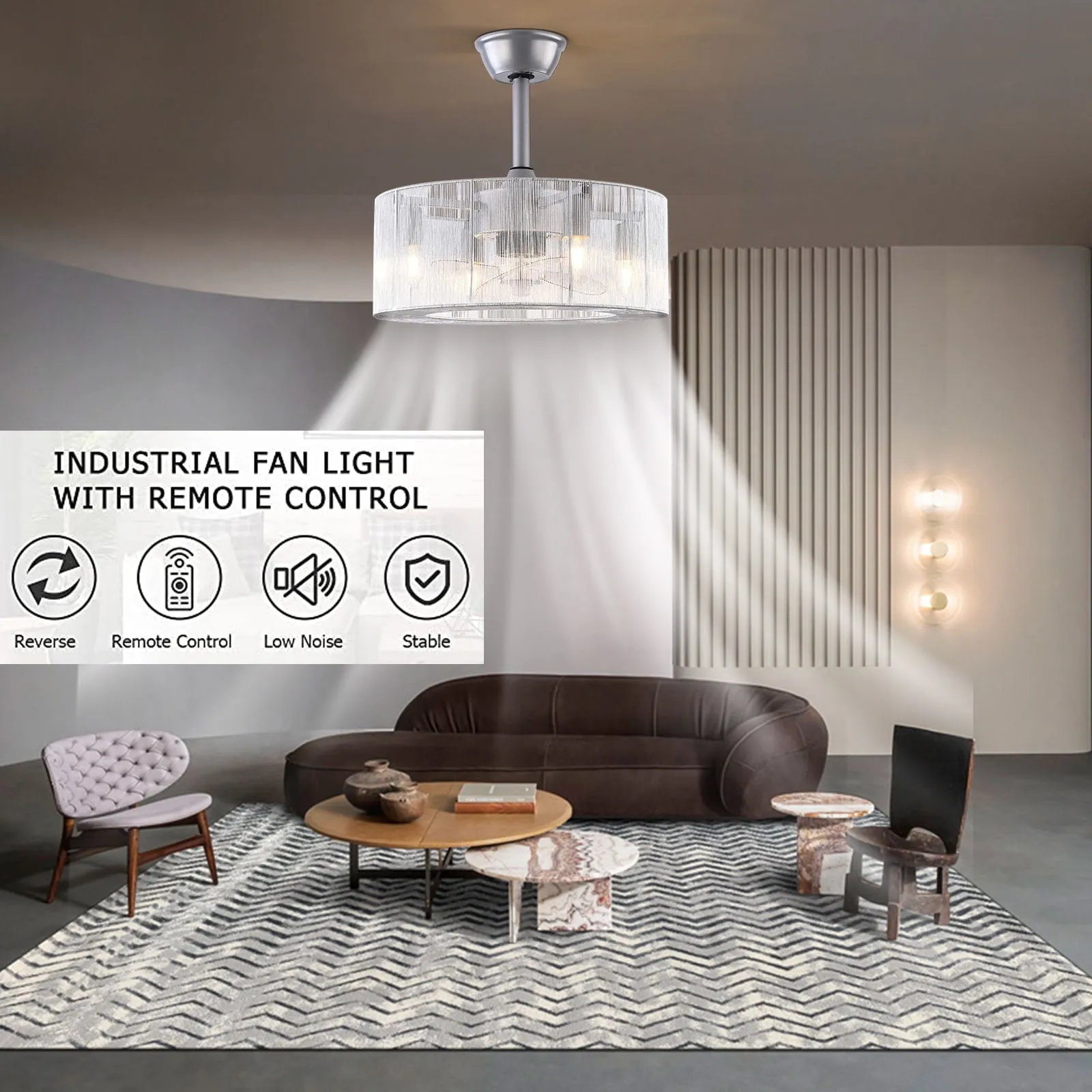 18 inch Modern Industrial Bladeless 3 Wind Speed 3 Blades Down Rod Ceiling Fan with Caged Mesh Shade, Chandelier Ceiling Fan with Light and Remote Control Silver