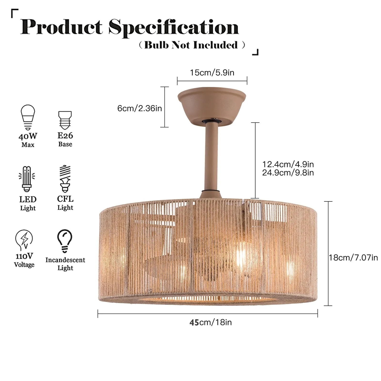 18 inch Modern Industrial Bladeless 3 Wind Speed 3 Blades Down Rod Ceiling Fan with Caged Mesh Shade