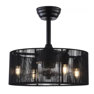 18 inch Modern Industrial Chandelier Ceiling Fan with Light and Remote Control 3 Wind Speed 3 Blades Down Rod Ceiling Fan with Caged Mesh Shade Black