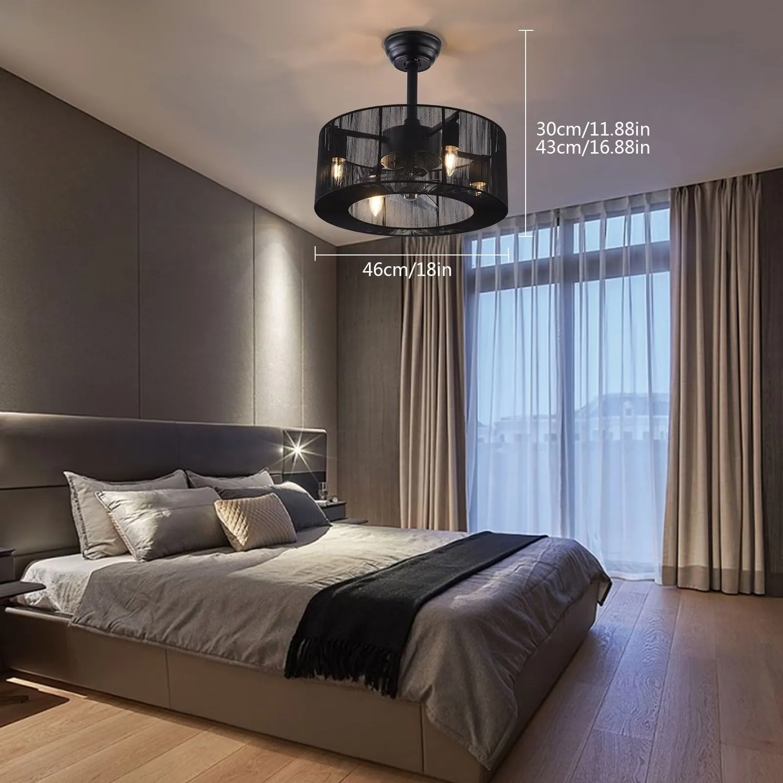 18 inch Modern Industrial Chandelier Ceiling Fan with Light and Remote Control 3 Wind Speed 3 Blades Down Rod Ceiling Fan with Caged Mesh Shade Black