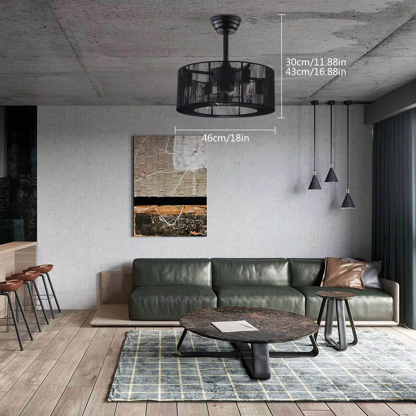 18 inch Modern Industrial Chandelier Ceiling Fan with Light and Remote Control 3 Wind Speed 3 Blades Down Rod Ceiling Fan with Caged Mesh Shade Black