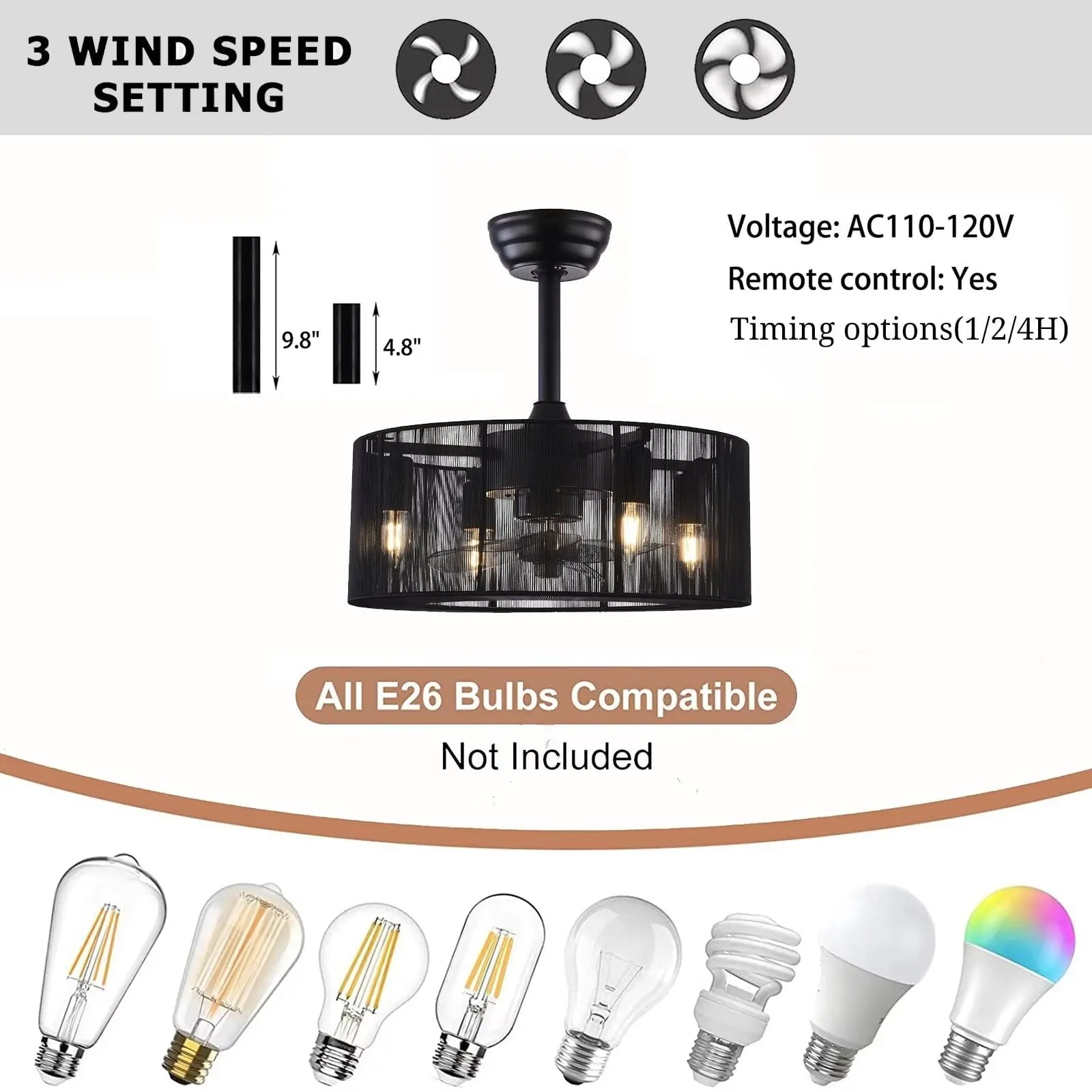 18 inch Modern Industrial Chandelier Ceiling Fan with Light and Remote Control 3 Wind Speed 3 Blades Down Rod Ceiling Fan with Caged Mesh Shade Black