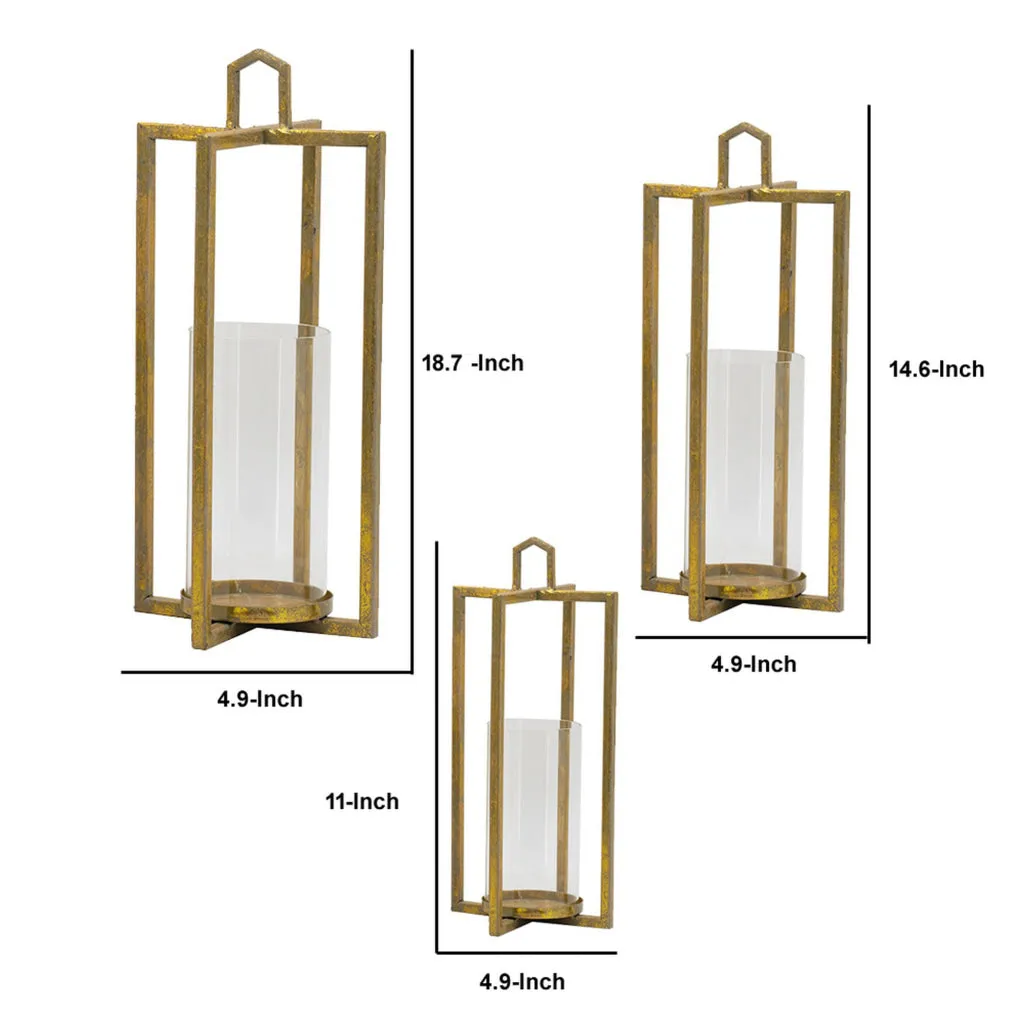 19, 15, 11 Inch Lanterns, Set of 3, Tea Light Glass Holders, Modern, Gold By Casagear Home