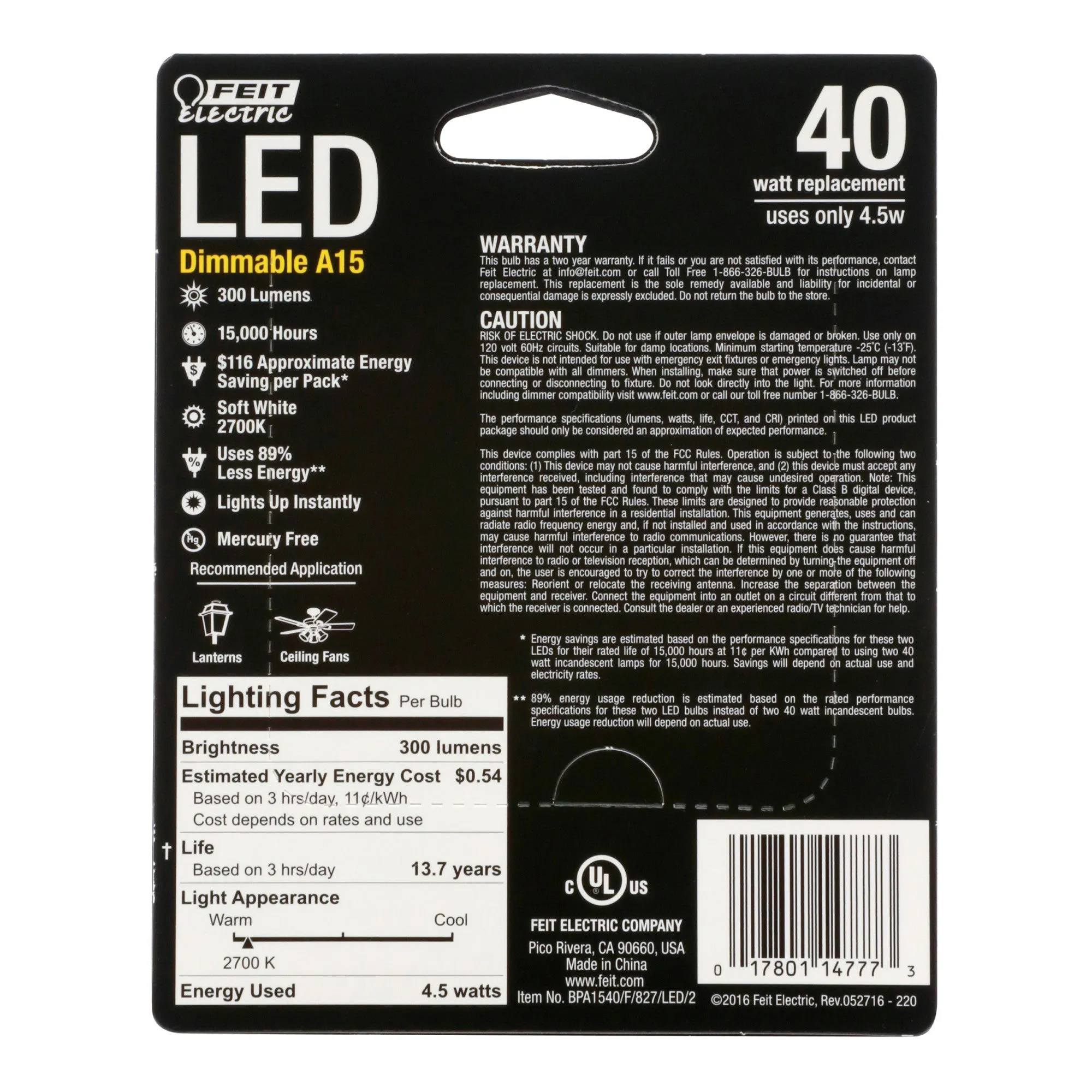 4.5W (40W Replacement) Soft White (2700K) E26 Base A15 Dimmable LED Frost Glass Filament Bulb (2-Pack)