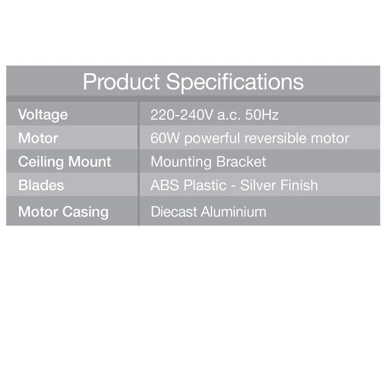 Arlec 130cm Denver ABS 3 Blade Ceiling Fan With Silver Finish Blades