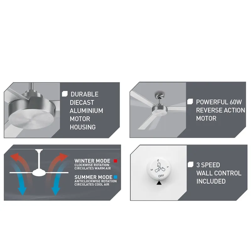Arlec 130cm Denver ABS 3 Blade Ceiling Fan With Silver Finish Blades