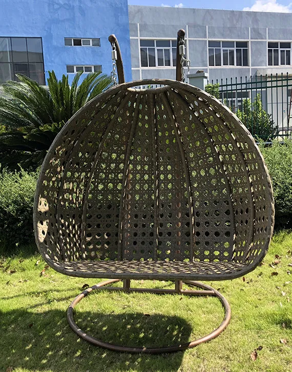 Duoyes Wicker Outdoor Swing Bed, Swing Double Hammock in Steel Frame with Cushions