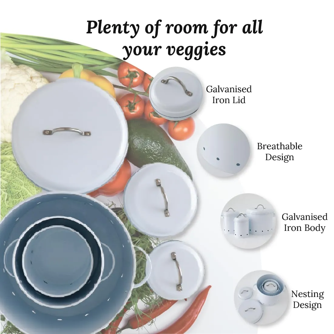 Ekhasa Onion Potato Garlic Storage Container For Kitchen With Lid (9.8L, 3.4L, 1.8L Set Of 3) Food Grade Container Storage Set Organisers Storage Box For Kitchen Vegetables Tin Boxes, White