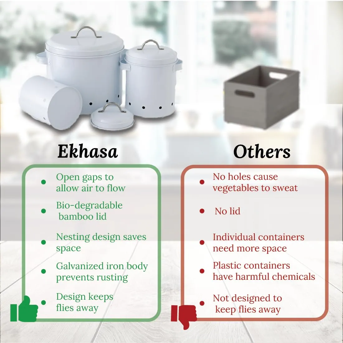 Ekhasa Onion Potato Garlic Storage Container For Kitchen With Lid (9.8L, 3.4L, 1.8L Set Of 3) Food Grade Container Storage Set Organisers Storage Box For Kitchen Vegetables Tin Boxes, White
