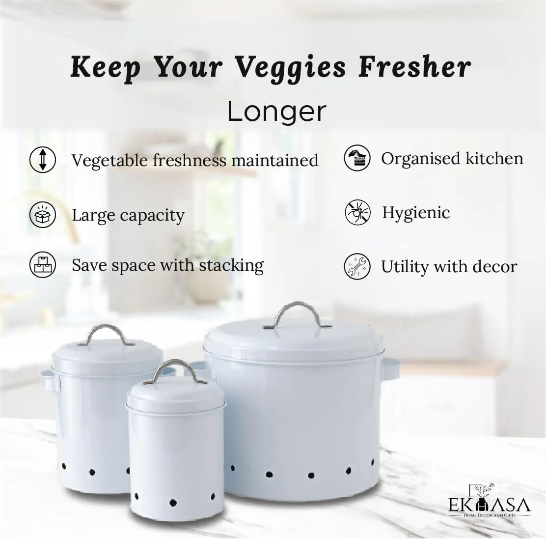 Ekhasa Onion Potato Garlic Storage Container For Kitchen With Lid (9.8L, 3.4L, 1.8L Set Of 3) Food Grade Container Storage Set Organisers Storage Box For Kitchen Vegetables Tin Boxes, White