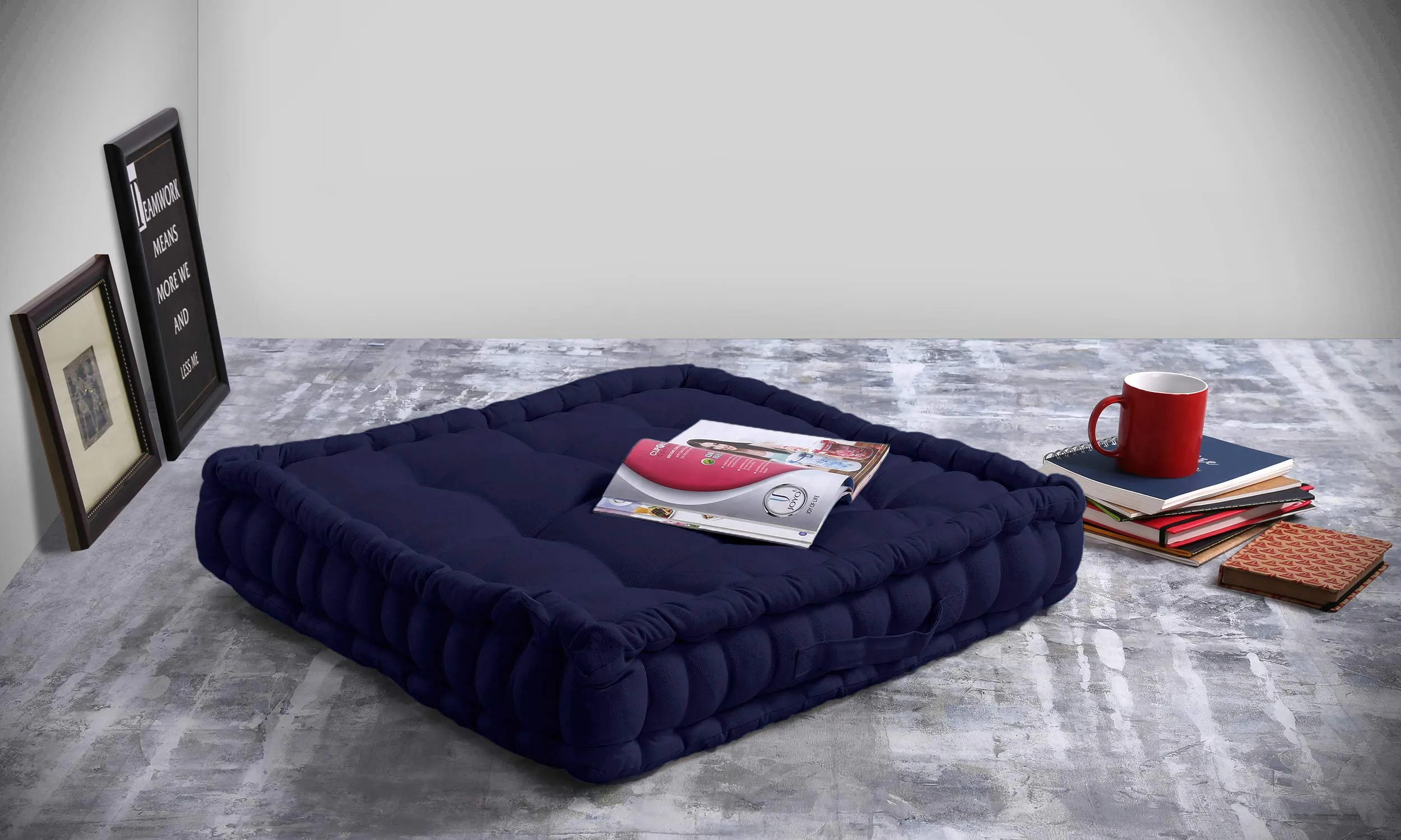 Encasa Homes Square Floor Cushions 50x50x10 cm - Scotch Blue - Solid Dyed Canvas with Micro-Fiber Filling Large Size for Seating Meditation Yoga Pooja Guests Living Room Bedroom