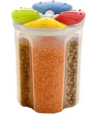 Heart Home Storage Utility Container|Plastic Unbreakable 4 Compartment Food Storage Jar|Leak Roof,BPA Free Food Kitchen Organizer With Lid,(Transparent)