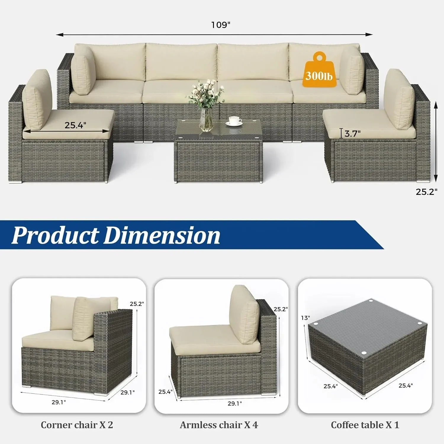 Heynemo Superjoe 7-Piece Modular Patio Furniture Set, Wicker Outdoor Sectional Sofa with Cushions and Coffee Table,Conversation Sets for Porch Balcony Backyard Patio,Beige