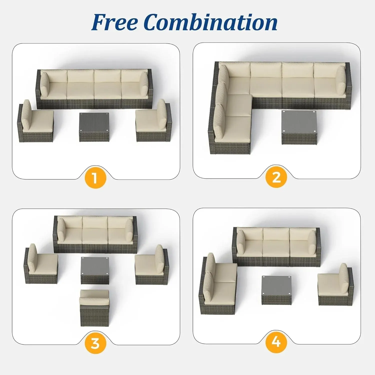Heynemo Superjoe 7-Piece Modular Patio Furniture Set, Wicker Outdoor Sectional Sofa with Cushions and Coffee Table,Conversation Sets for Porch Balcony Backyard Patio,Beige