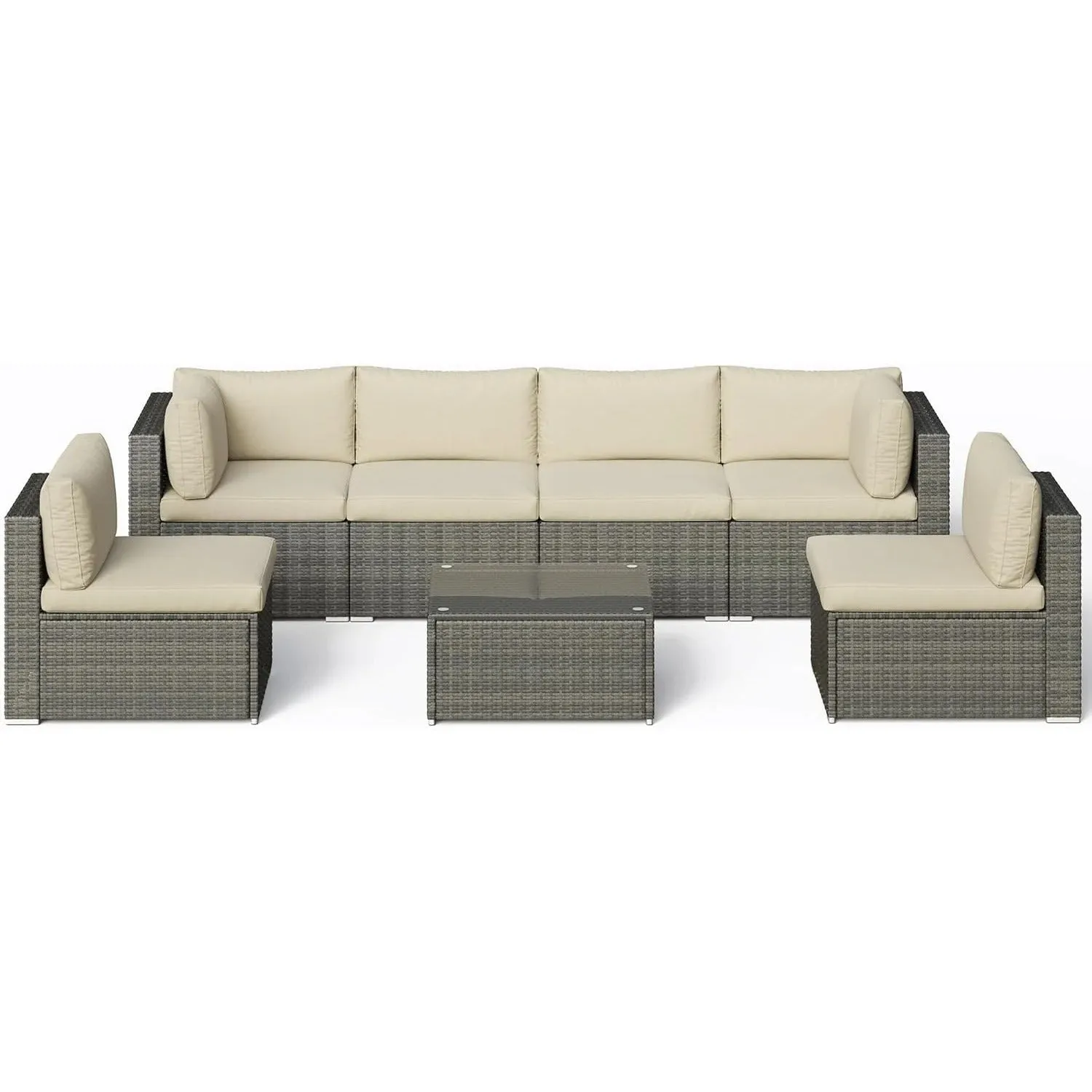 Heynemo Superjoe 7-Piece Modular Patio Furniture Set, Wicker Outdoor Sectional Sofa with Cushions and Coffee Table,Conversation Sets for Porch Balcony Backyard Patio,Beige
