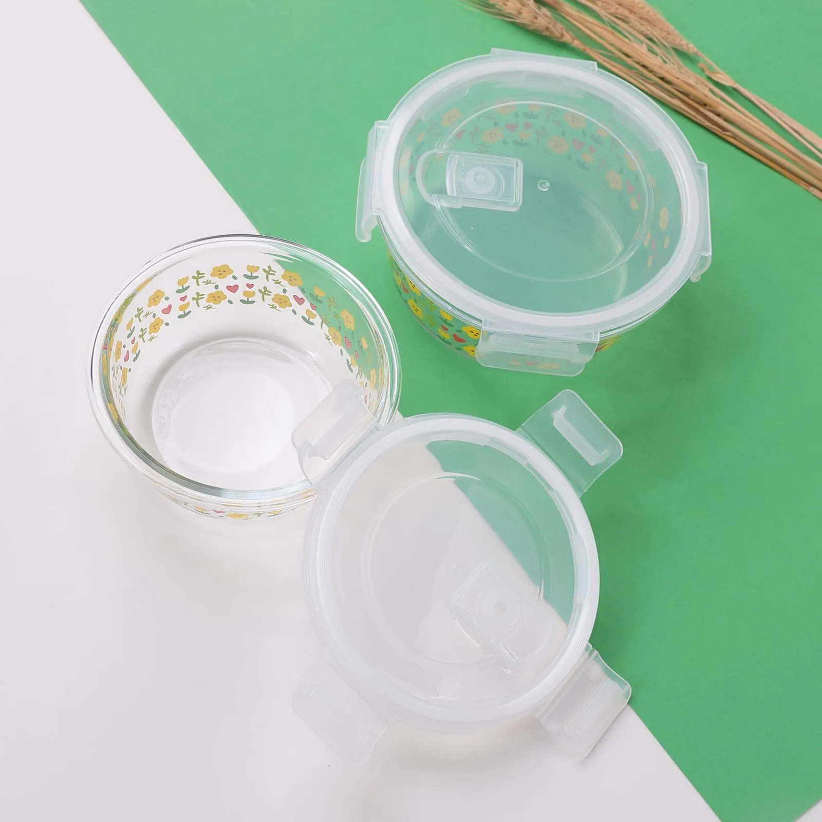 Homestic Borosilicate Printed Container With Lid (Round) | JDA050-MUL | Transparent | Pack Of 2