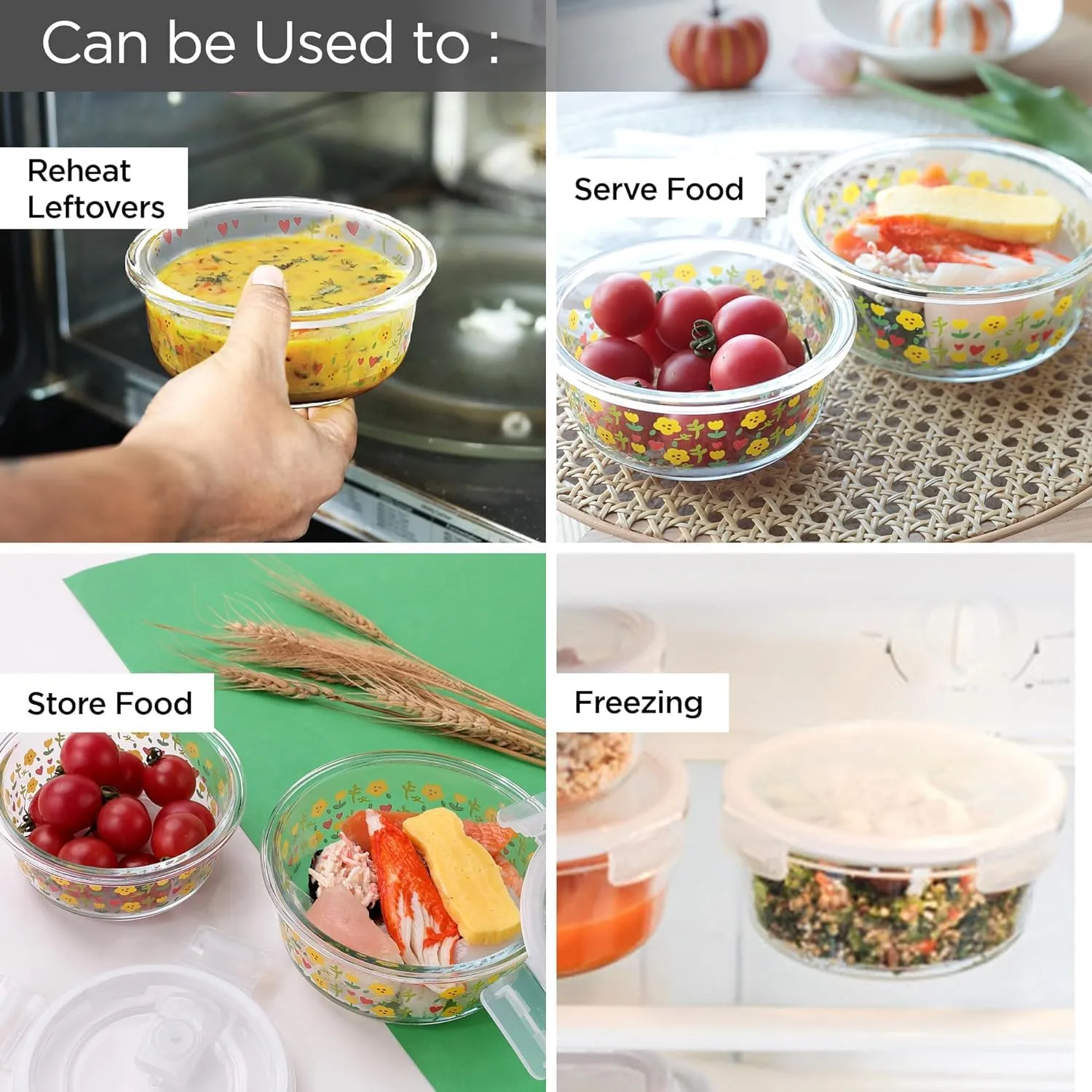 Homestic Borosilicate Printed Container With Lid (Round) | JDA050-MUL | Transparent | Pack Of 2