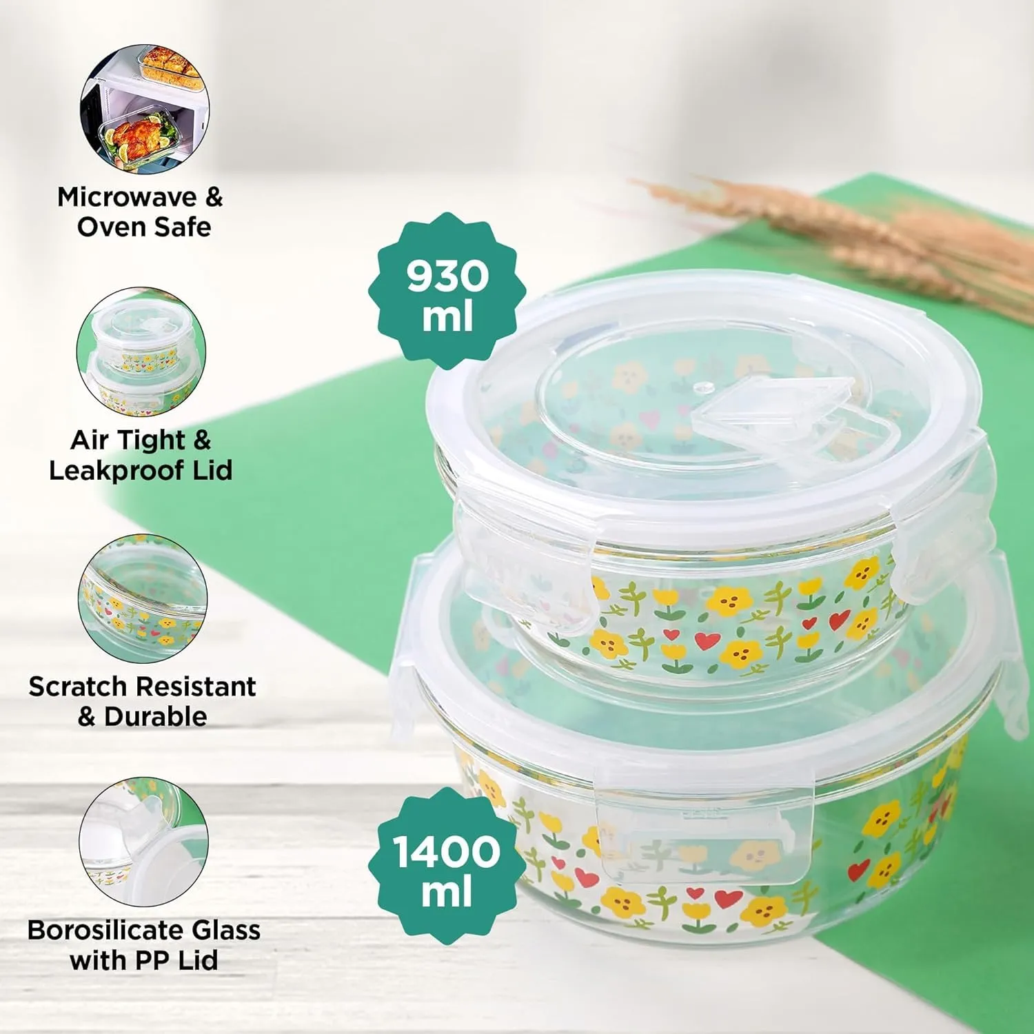 Homestic Borosilicate Printed Container With Lid (Round) | JDA050-MUL | Transparent | Pack Of 2