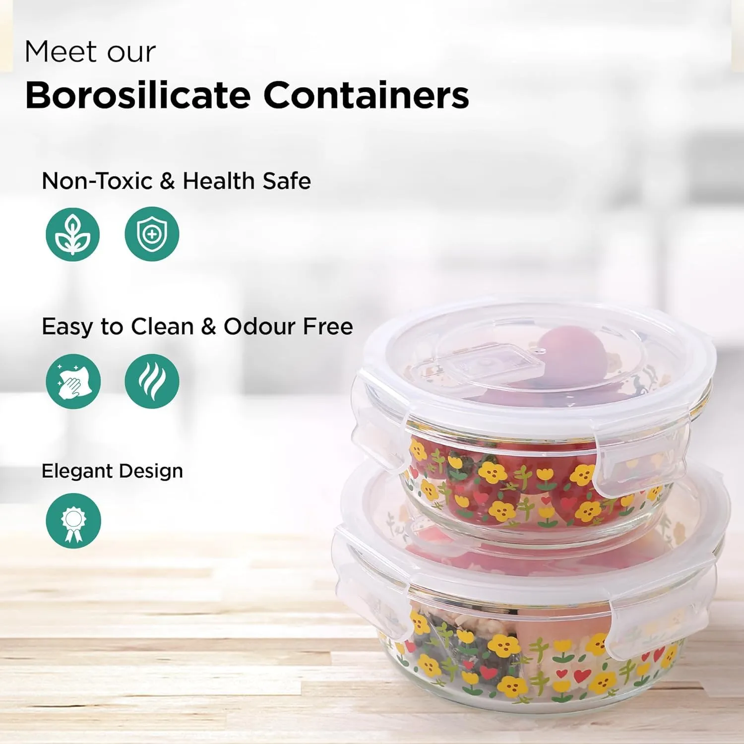 Homestic Borosilicate Printed Container With Lid (Round) | JDA050-MUL | Transparent | Pack Of 2