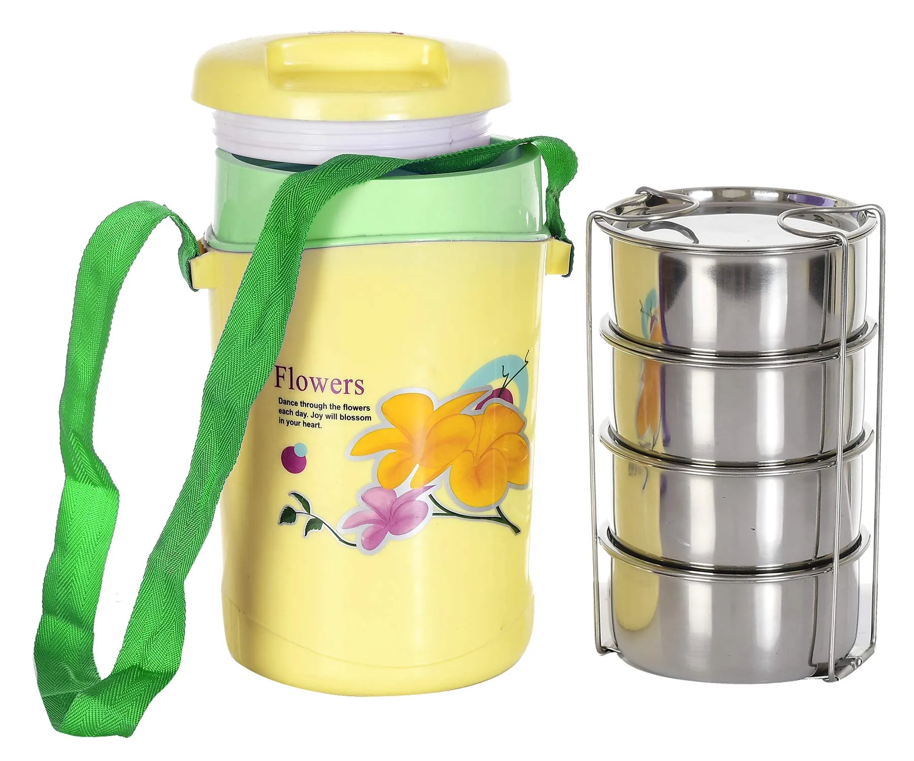 Kuber Industries 4 Inner Stainless Steel Tiffin Box for Office, School, College and Travelling (Yellow)-KUBMART15295