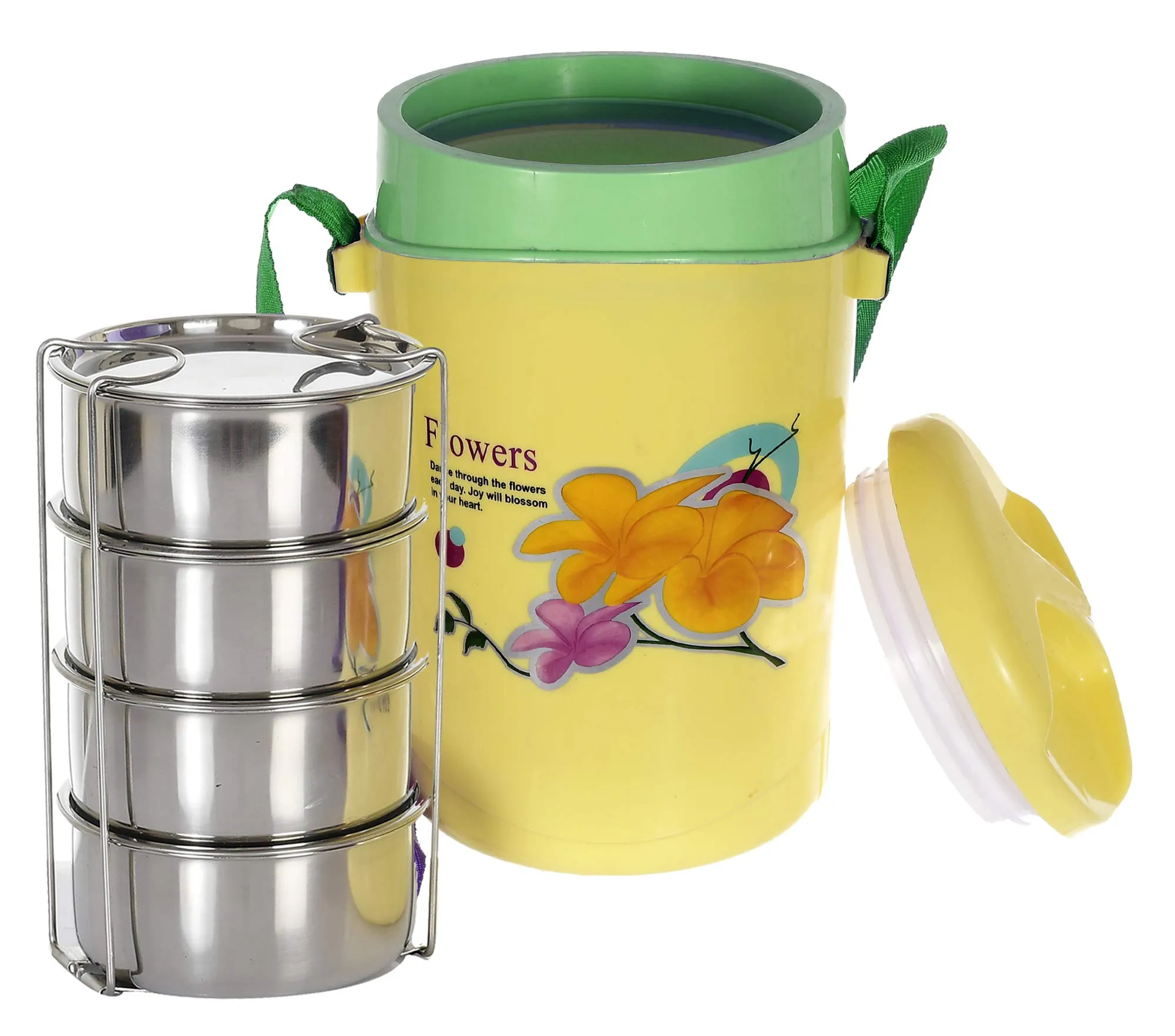 Kuber Industries 4 Inner Stainless Steel Tiffin Box for Office, School, College and Travelling (Yellow)-KUBMART15295