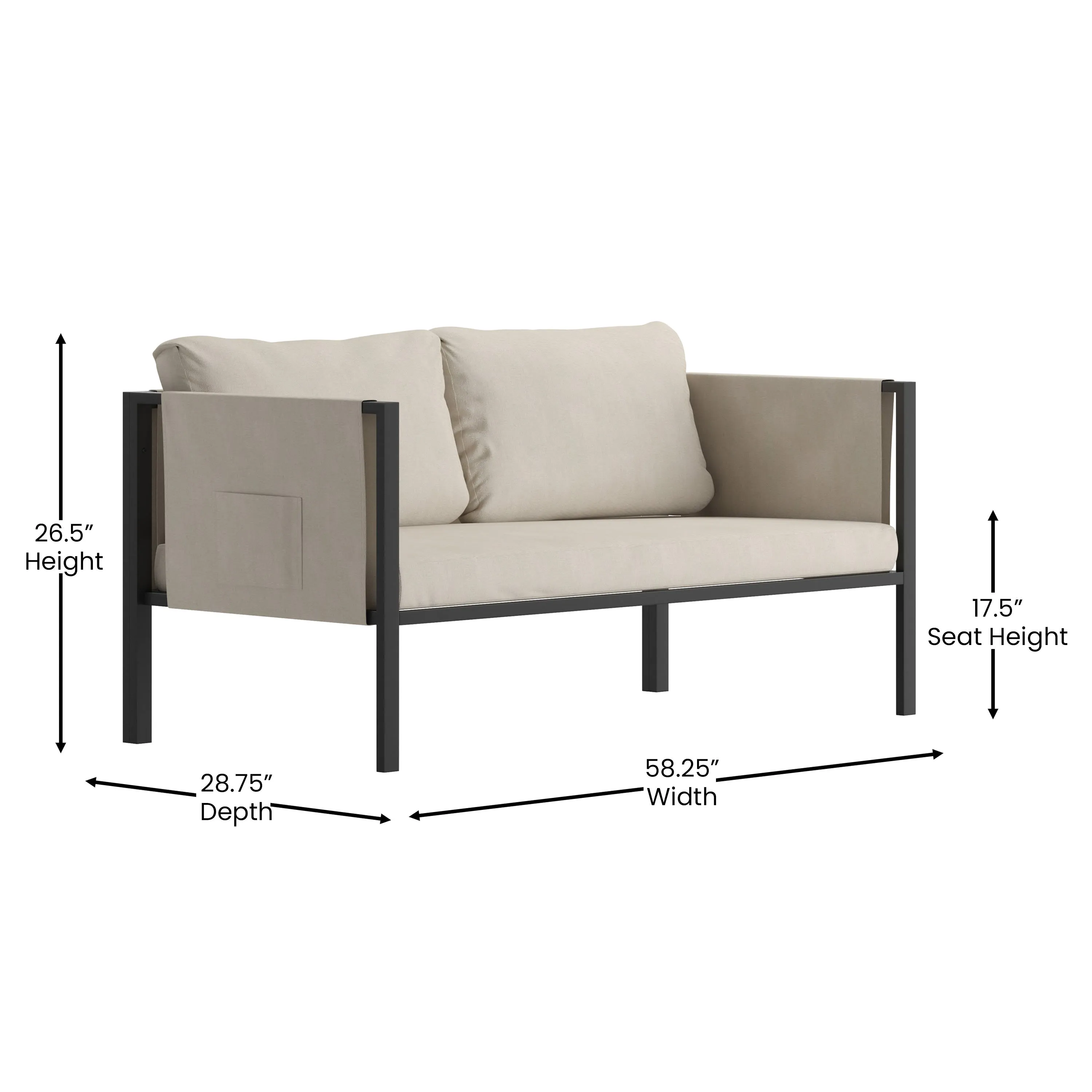 Lea Indoor/Outdoor Loveseat with Cushions - Modern Steel Framed Chair with Storage Pockets