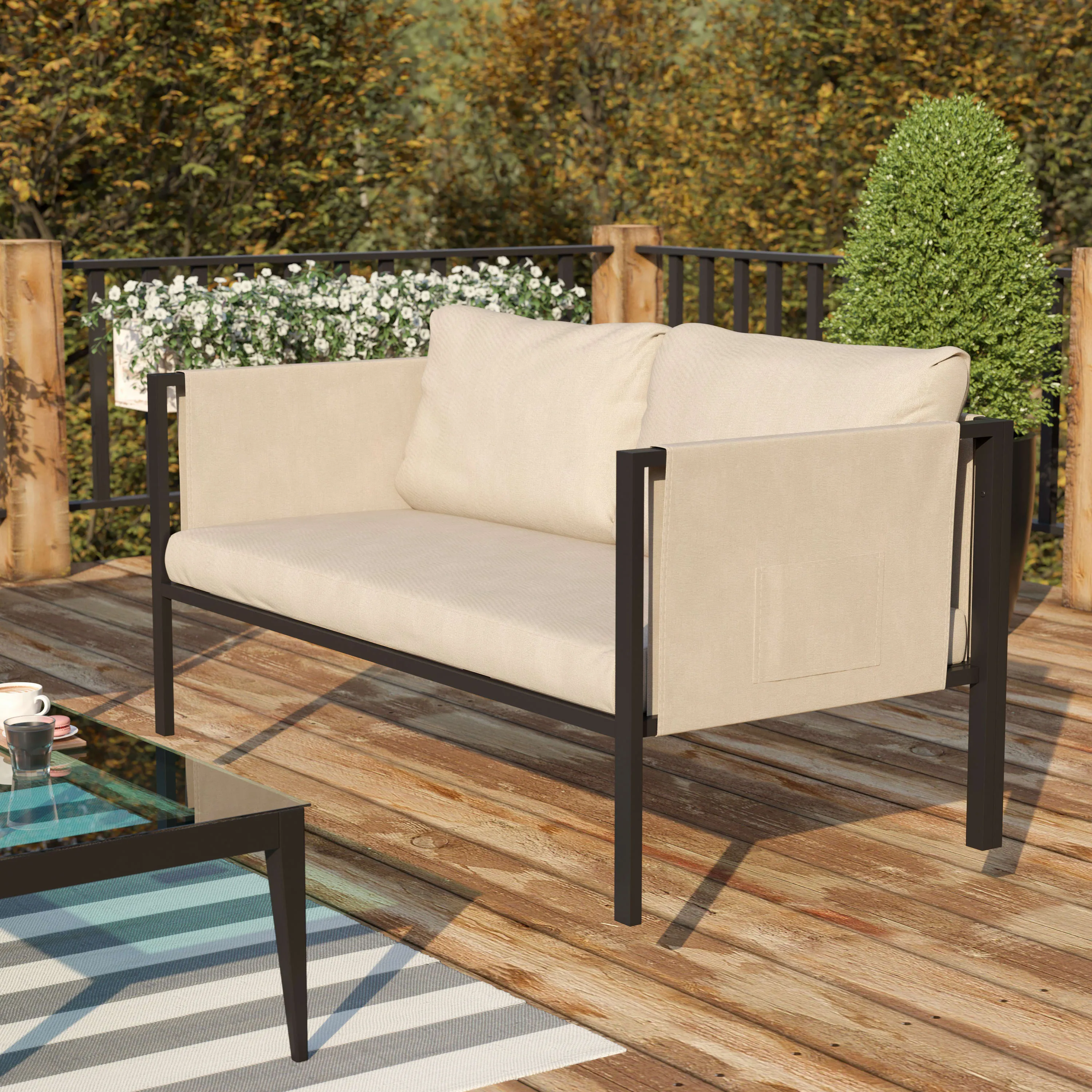 Lea Indoor/Outdoor Loveseat with Cushions - Modern Steel Framed Chair with Storage Pockets