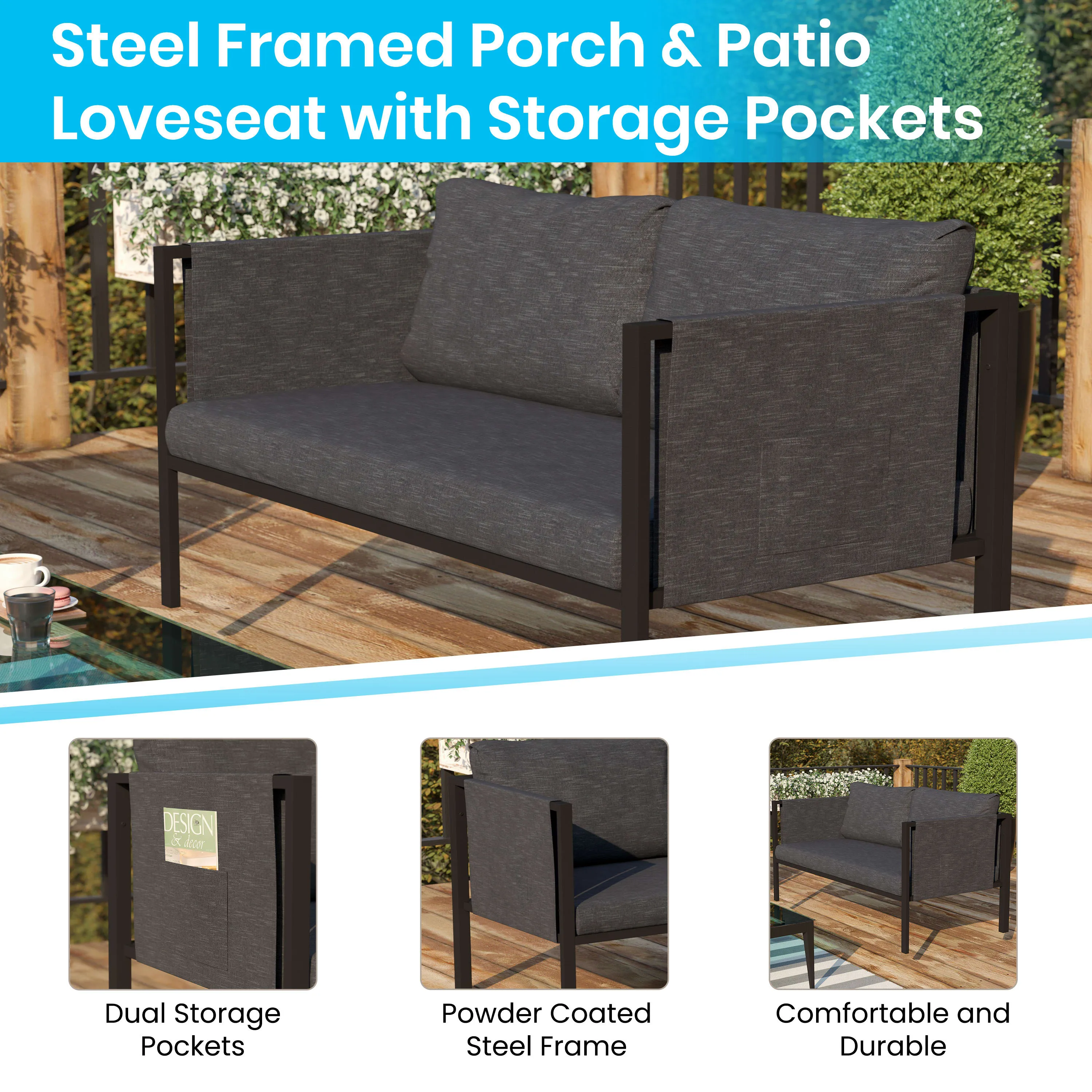 Lea Indoor/Outdoor Loveseat with Cushions - Modern Steel Framed Chair with Storage Pockets