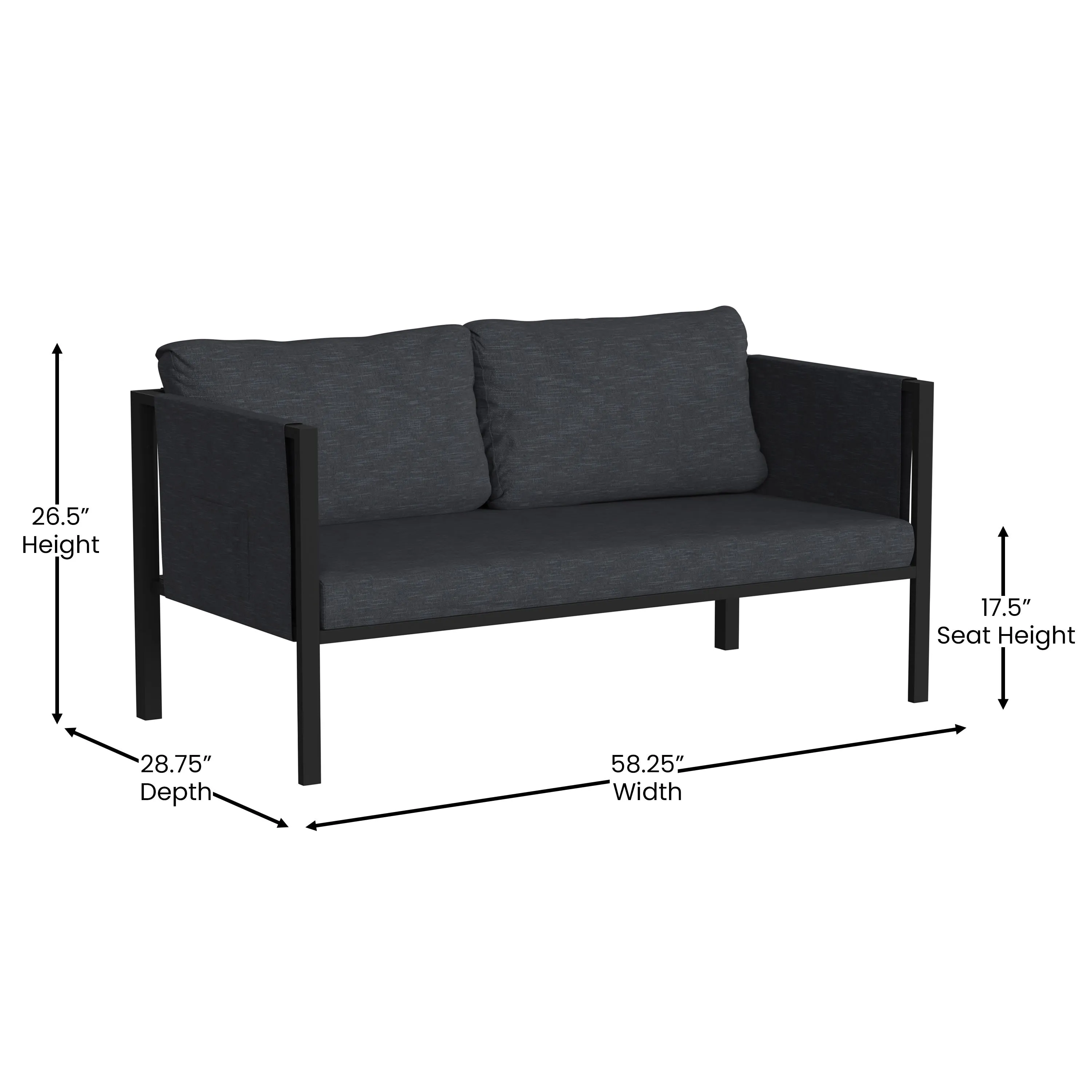 Lea Indoor/Outdoor Loveseat with Cushions - Modern Steel Framed Chair with Storage Pockets