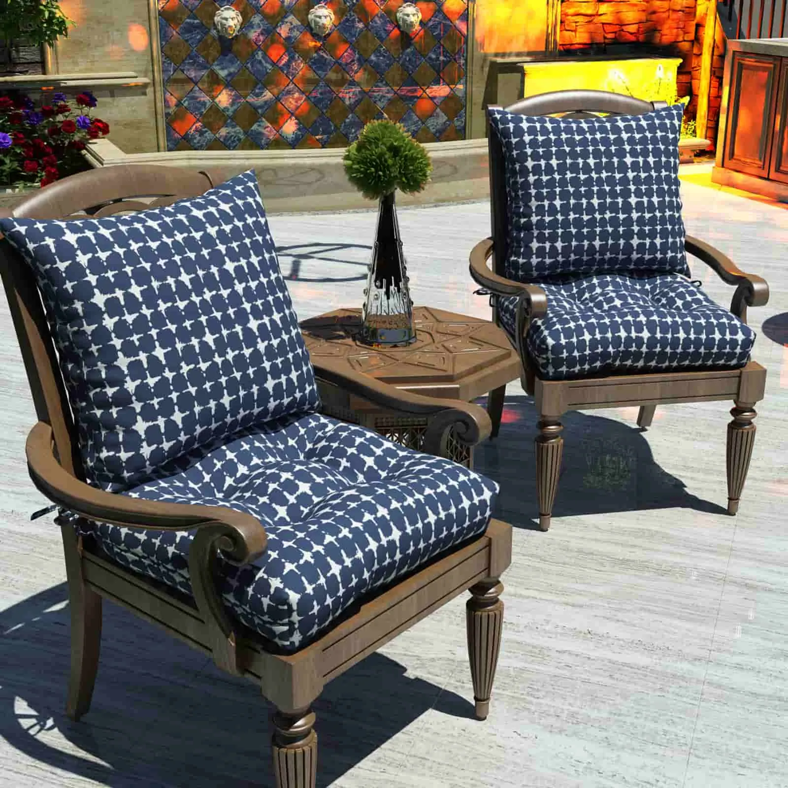 LVTXIII Outdoor U-Shape Tufted Seat Cushions 19”x19”x5" Tie-dye Navy （Set of 2）