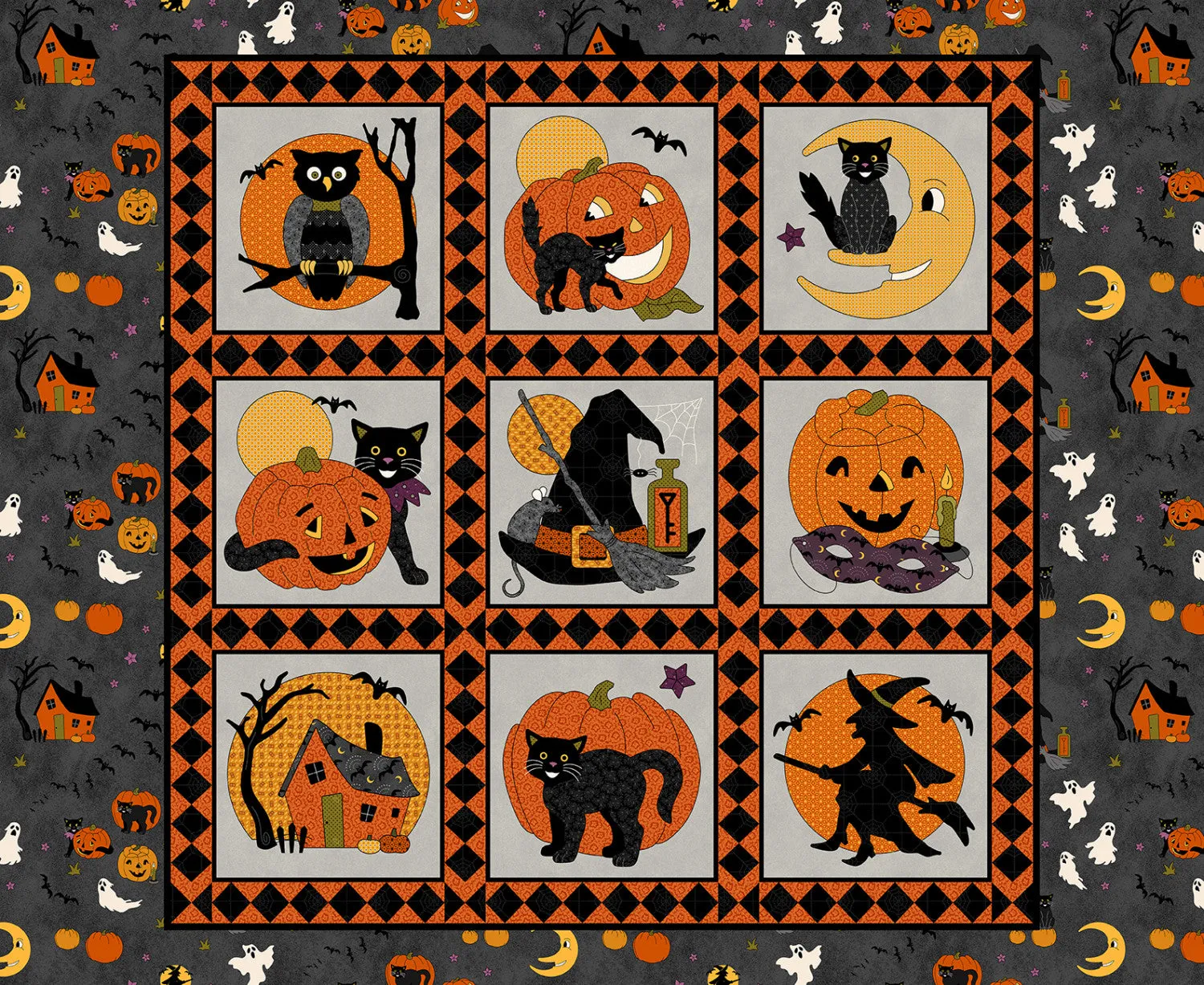 No Tricks, Just Treats | Gray/Orange 36" Block Panel by Hannah West for Henry Glass