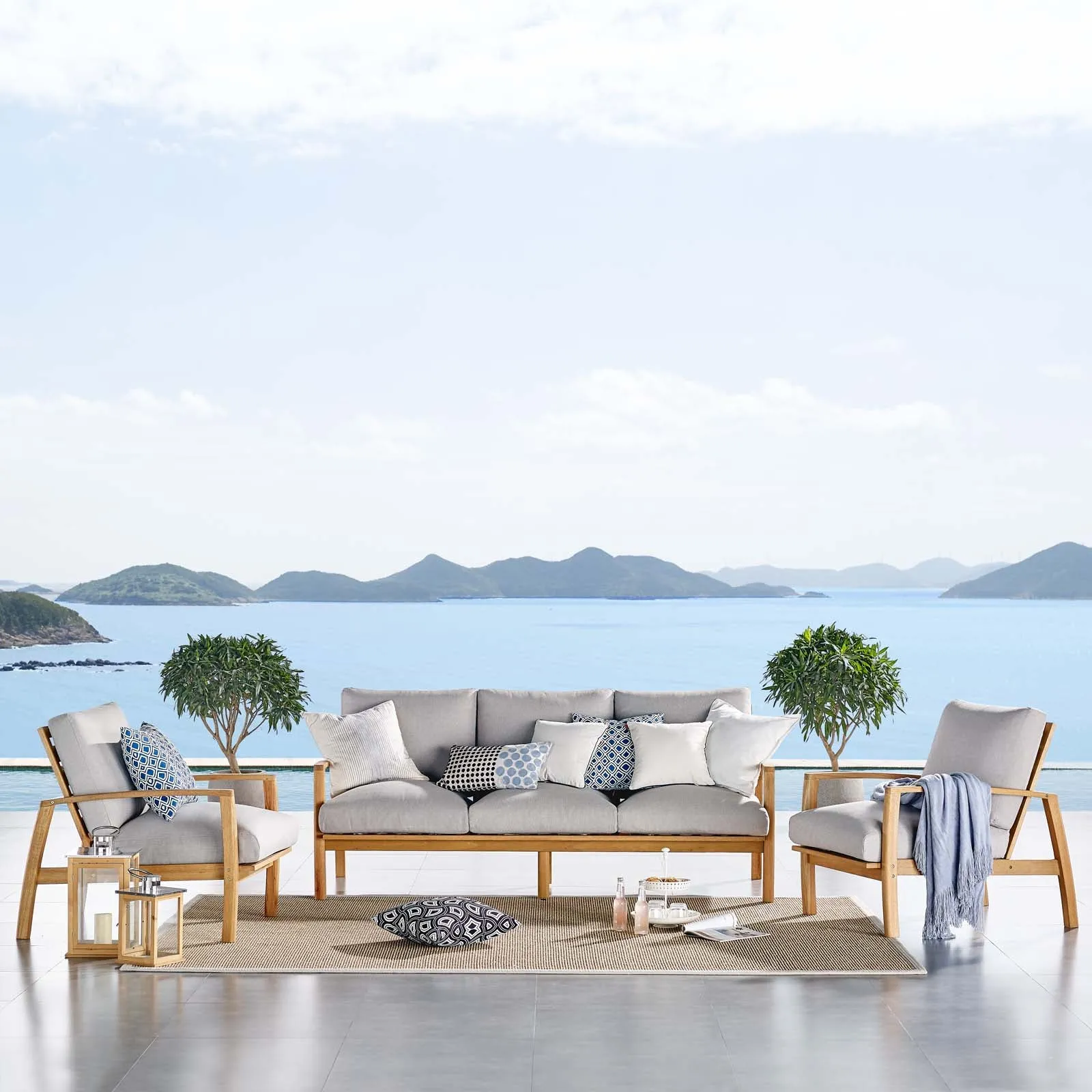 Orlean  3 Piece Outdoor Patio Eucalyptus Wood Set in Natural Light Gray