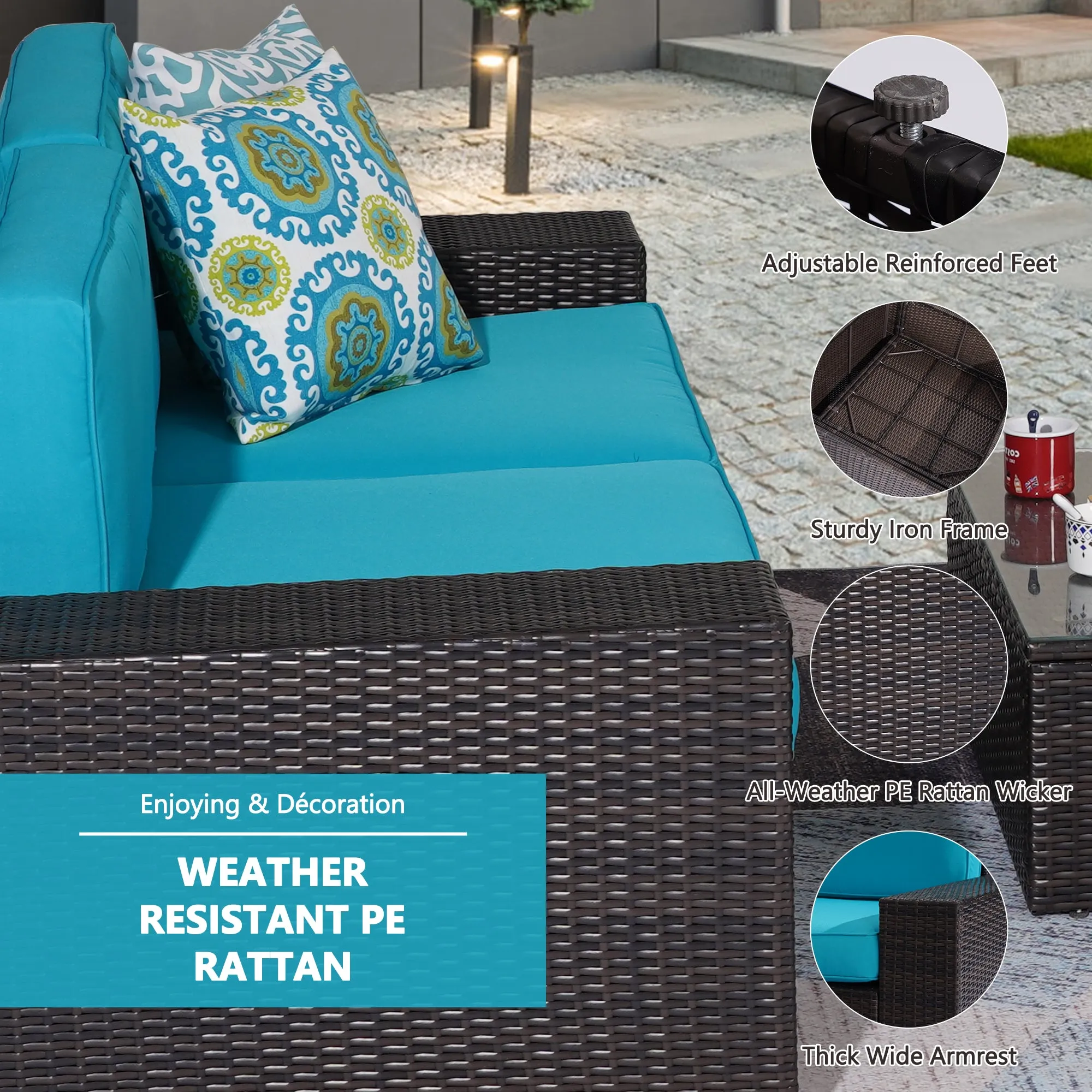 Outdoor Patio Furniture Sets, 6-Piece Patio Sectional Furniture Set, All-Weather Rattan Wicker Patio Sofa Chair, Blue