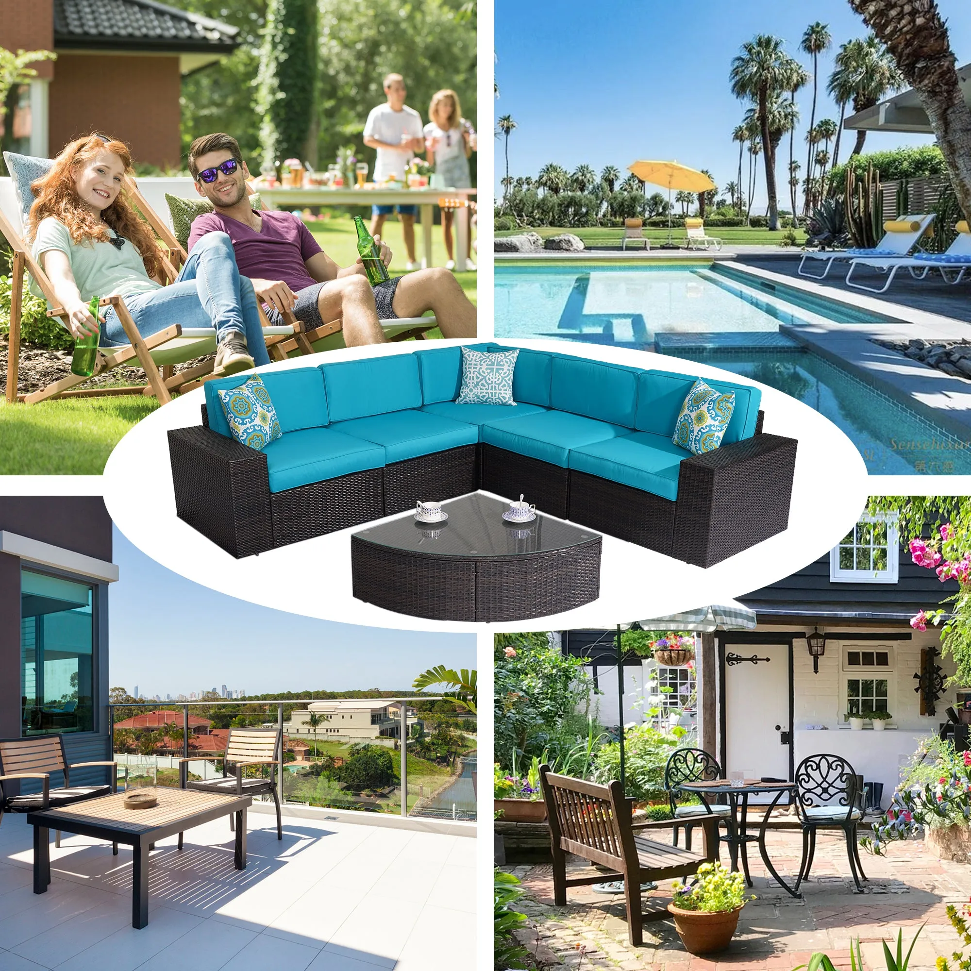Outdoor Patio Furniture Sets, 6-Piece Patio Sectional Furniture Set, All-Weather Rattan Wicker Patio Sofa Chair, Blue