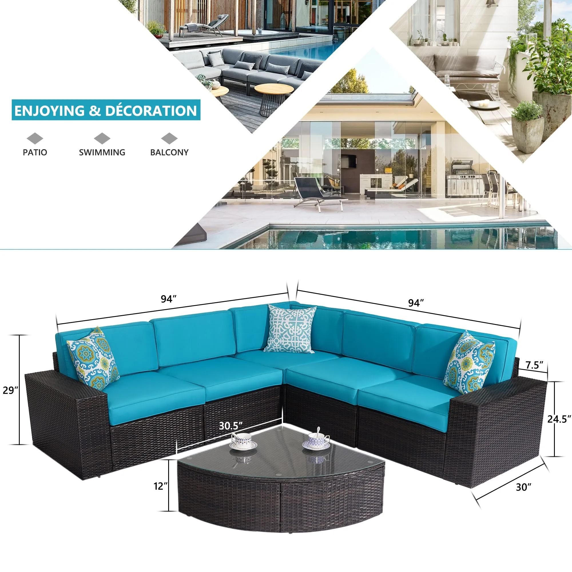 Outdoor Patio Furniture Sets, 6-Piece Patio Sectional Furniture Set, All-Weather Rattan Wicker Patio Sofa Chair, Blue