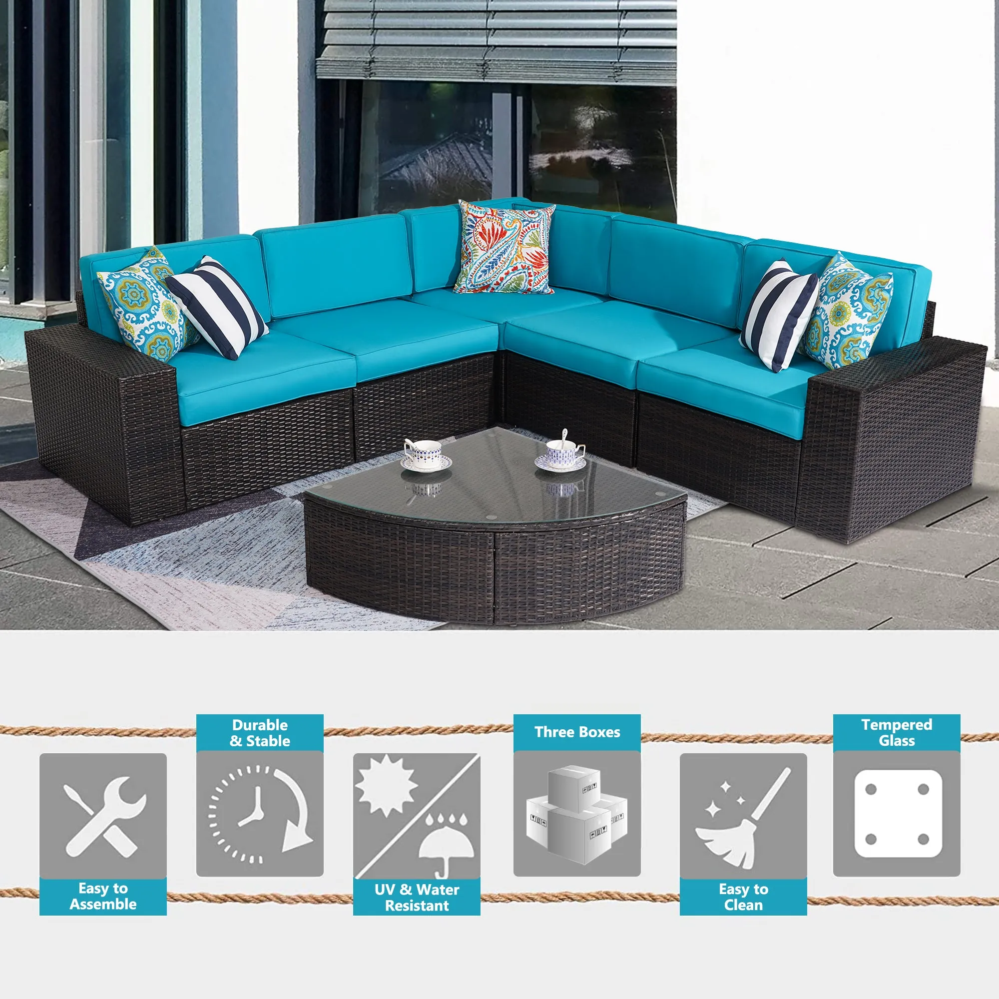 Outdoor Patio Furniture Sets, 6-Piece Patio Sectional Furniture Set, All-Weather Rattan Wicker Patio Sofa Chair, Blue