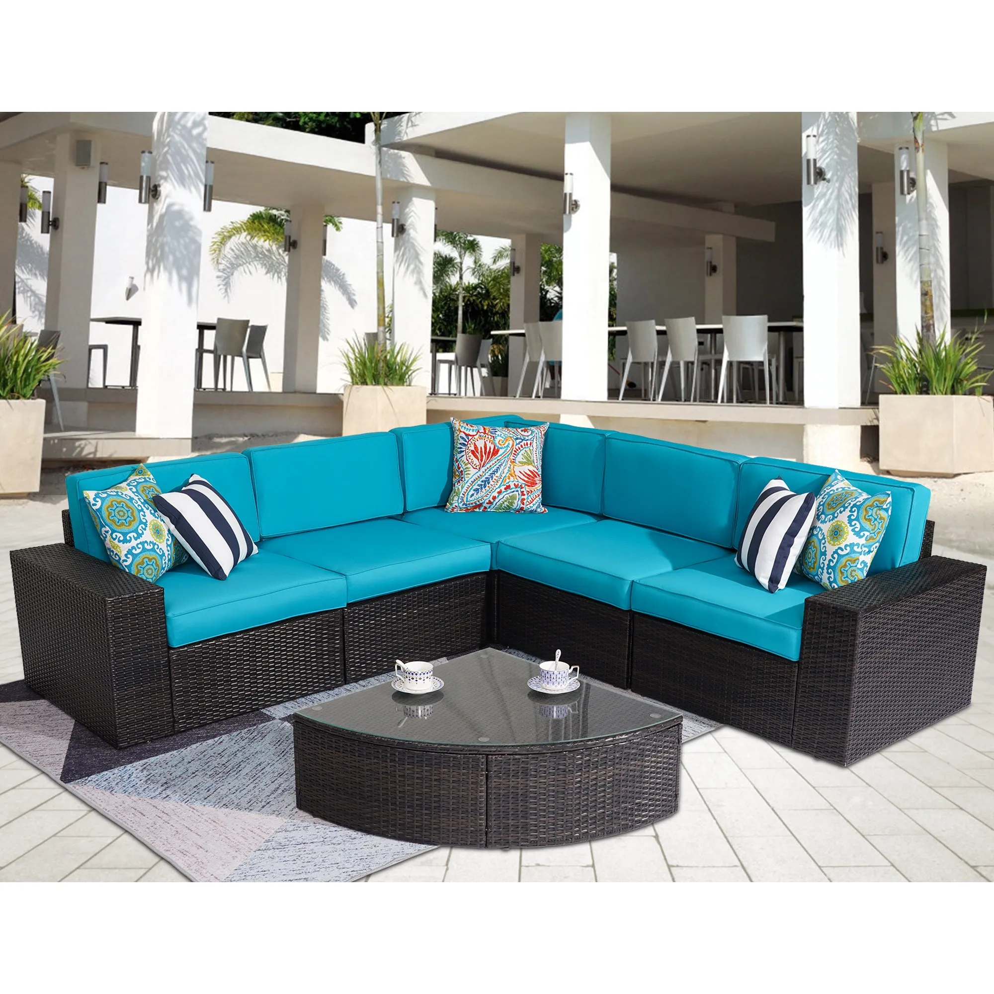 Outdoor Patio Furniture Sets, 6-Piece Patio Sectional Furniture Set, All-Weather Rattan Wicker Patio Sofa Chair, Blue