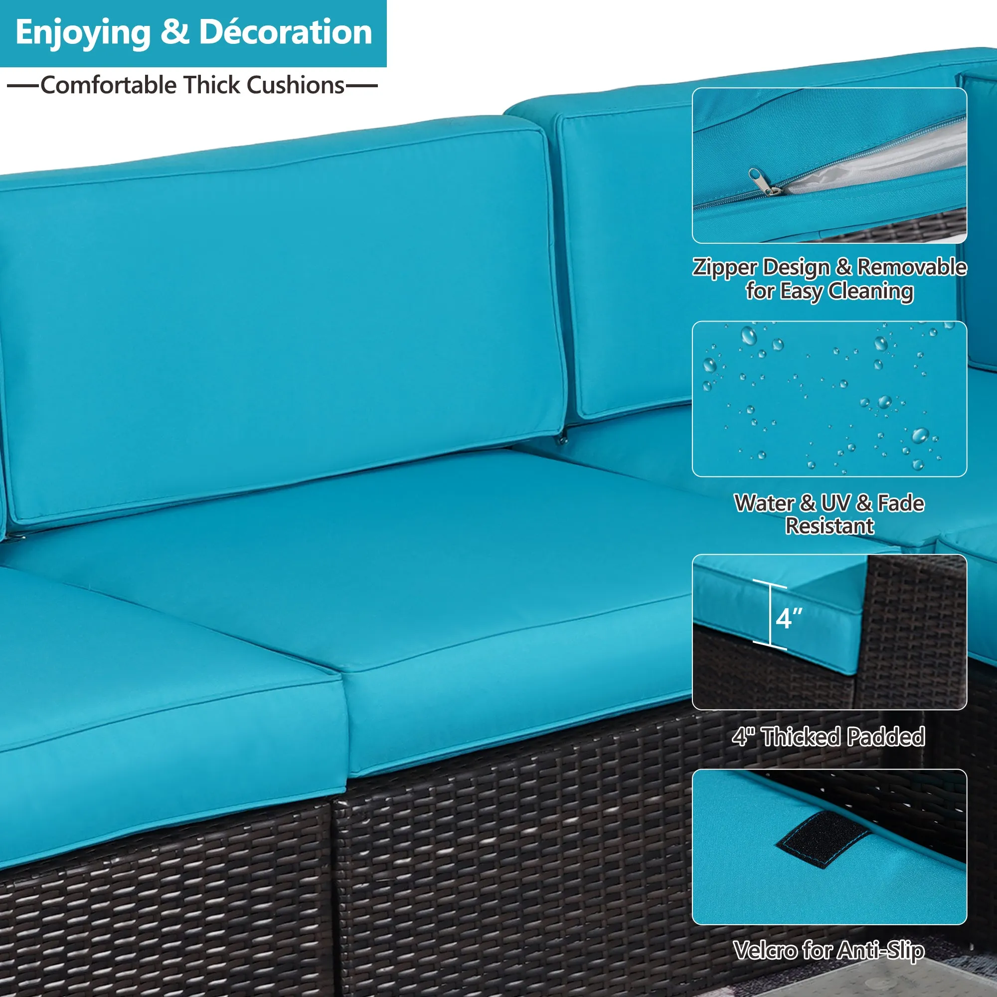 Outdoor Patio Furniture Sets, 6-Piece Patio Sectional Furniture Set, All-Weather Rattan Wicker Patio Sofa Chair, Blue