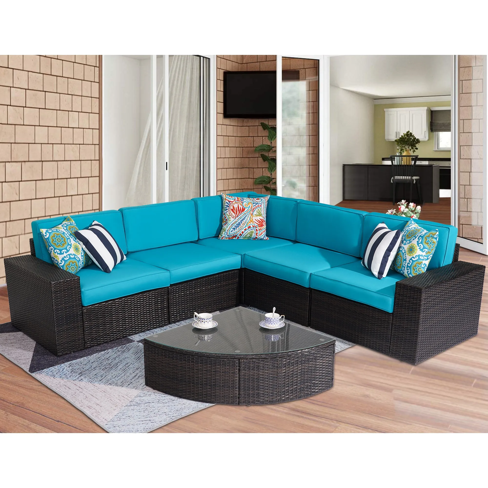 Outdoor Patio Furniture Sets, 6-Piece Patio Sectional Furniture Set, All-Weather Rattan Wicker Patio Sofa Chair, Blue