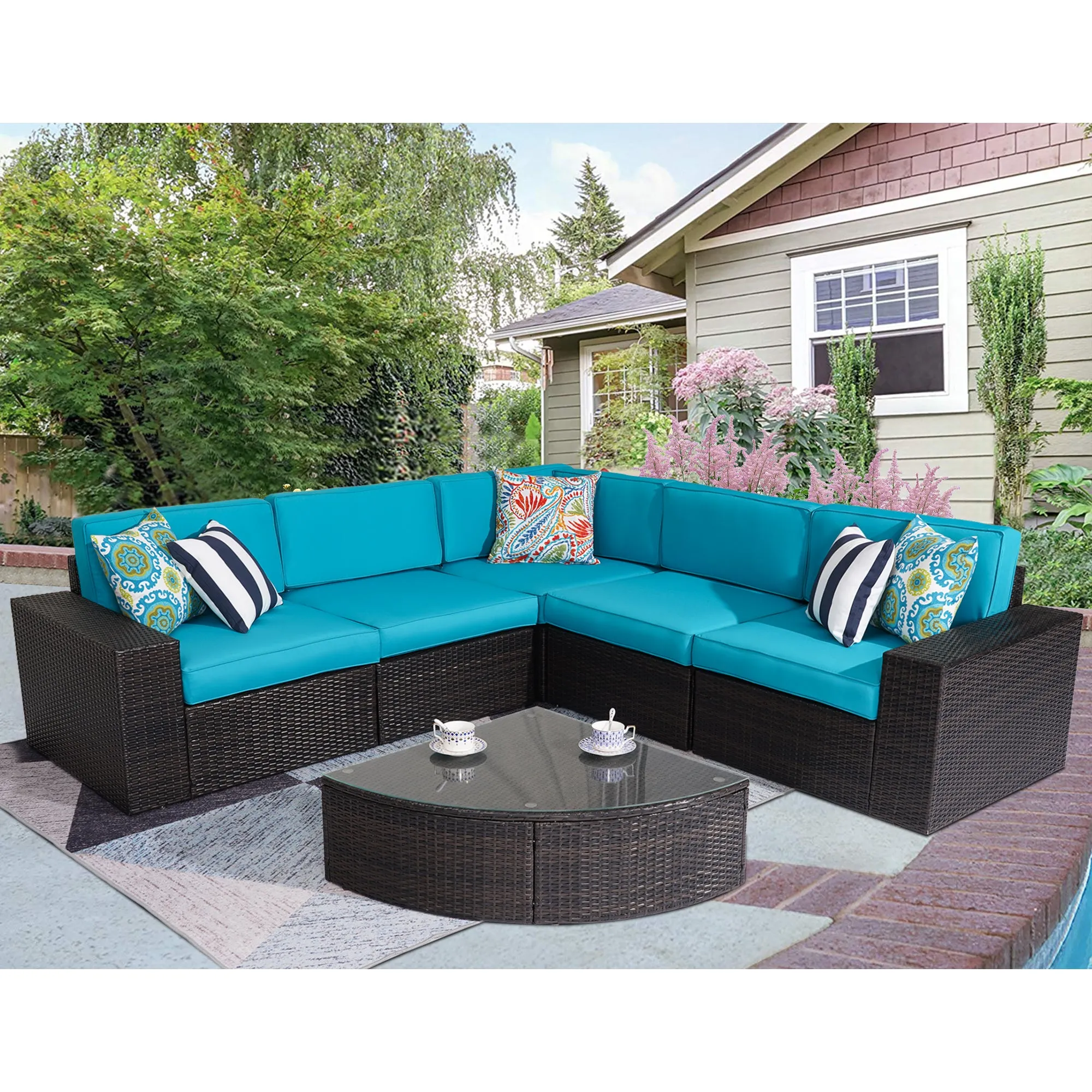 Outdoor Patio Furniture Sets, 6-Piece Patio Sectional Furniture Set, All-Weather Rattan Wicker Patio Sofa Chair, Blue