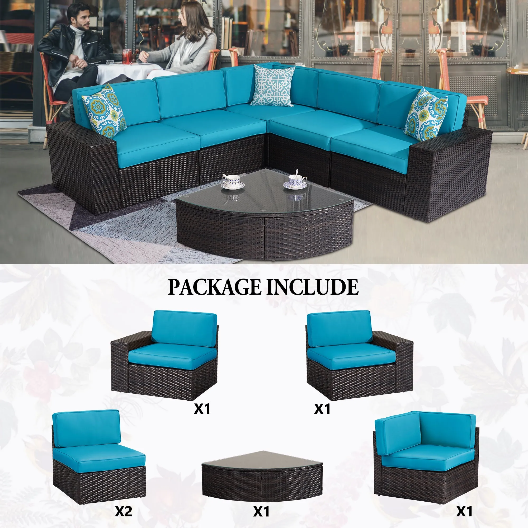 Outdoor Patio Furniture Sets, 6-Piece Patio Sectional Furniture Set, All-Weather Rattan Wicker Patio Sofa Chair, Blue