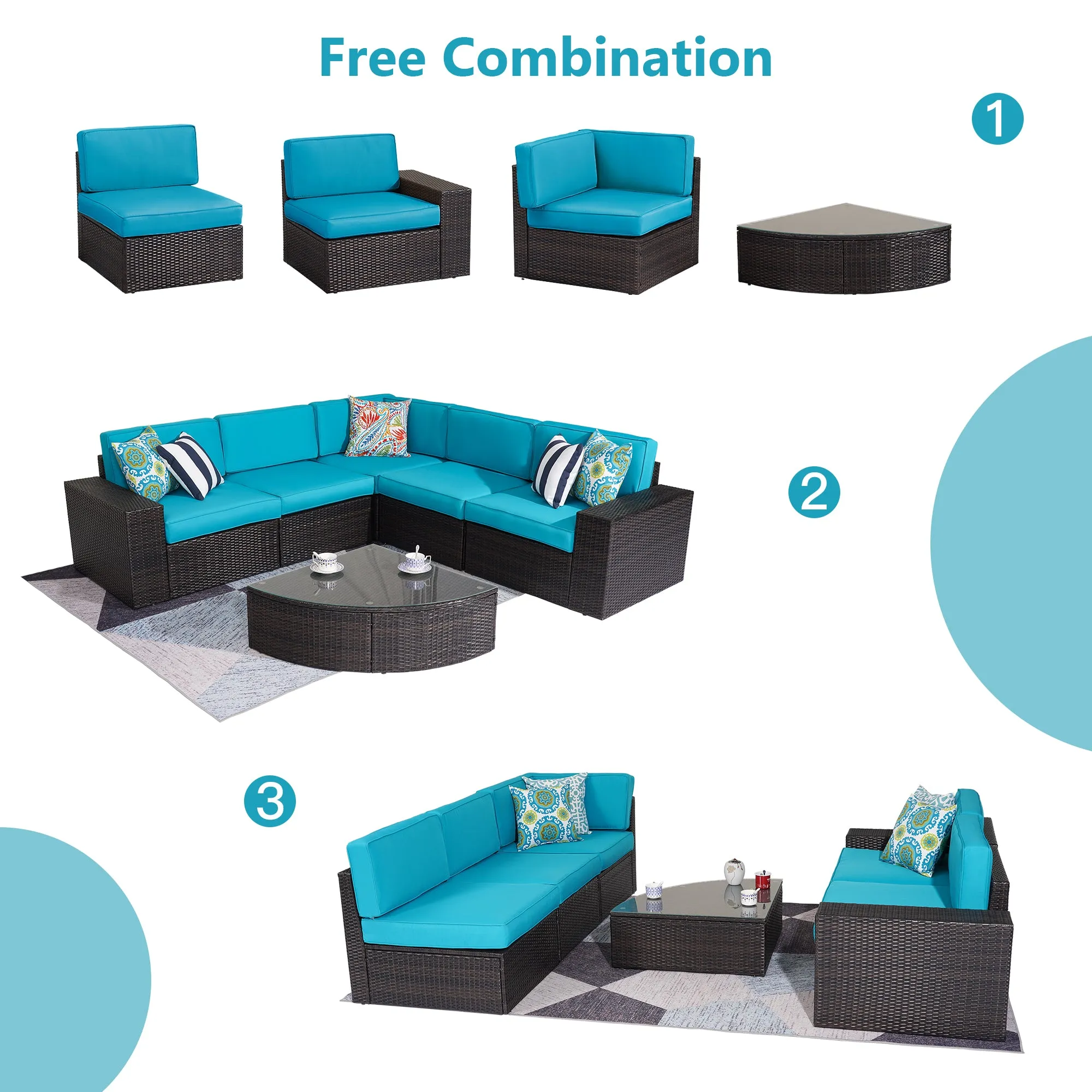 Outdoor Patio Furniture Sets, 6-Piece Patio Sectional Furniture Set, All-Weather Rattan Wicker Patio Sofa Chair, Blue