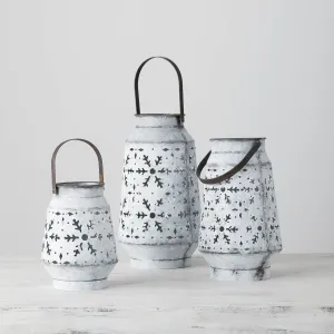 Rustic Whitewashed Metal Snowflake Lantern, Set Of 3