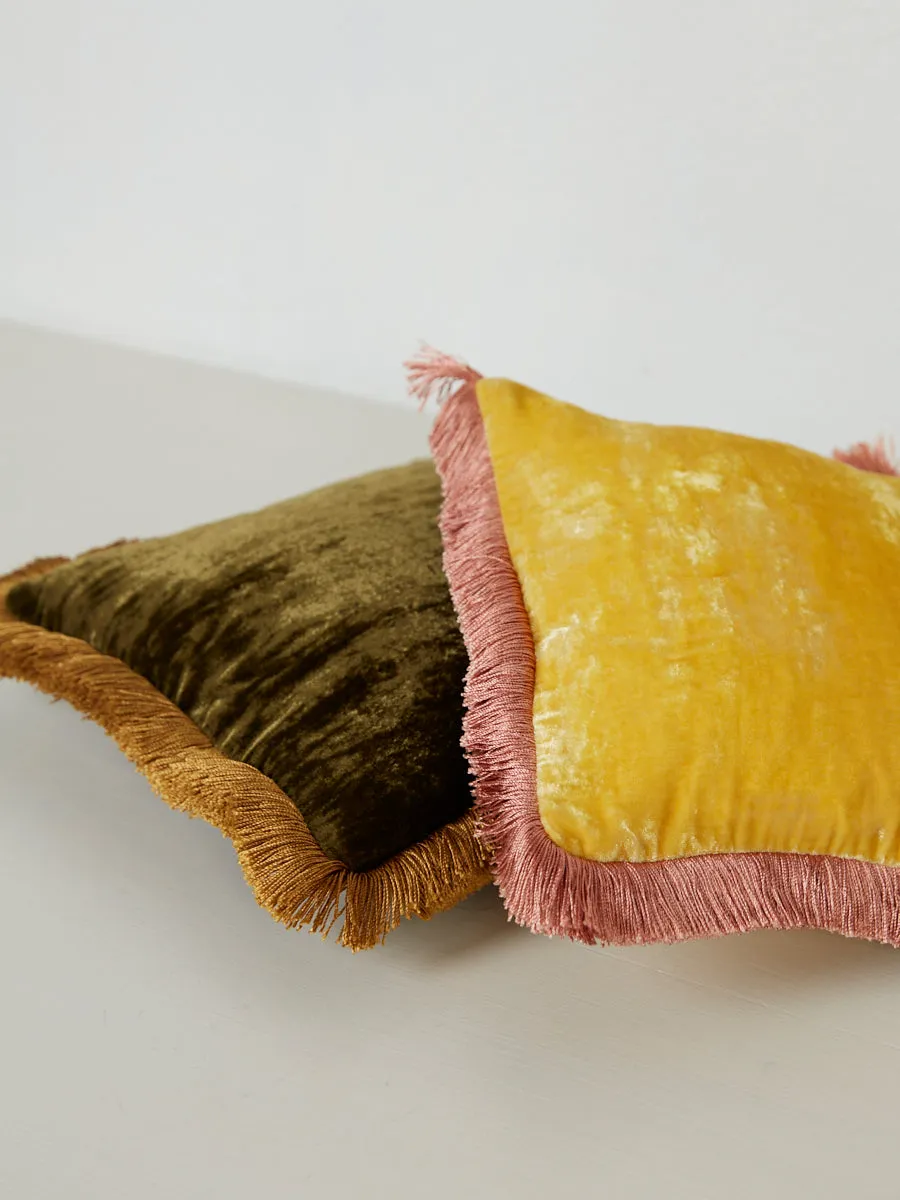 Square Cushion 27x27 - Olive Mud with Gold Fringe
