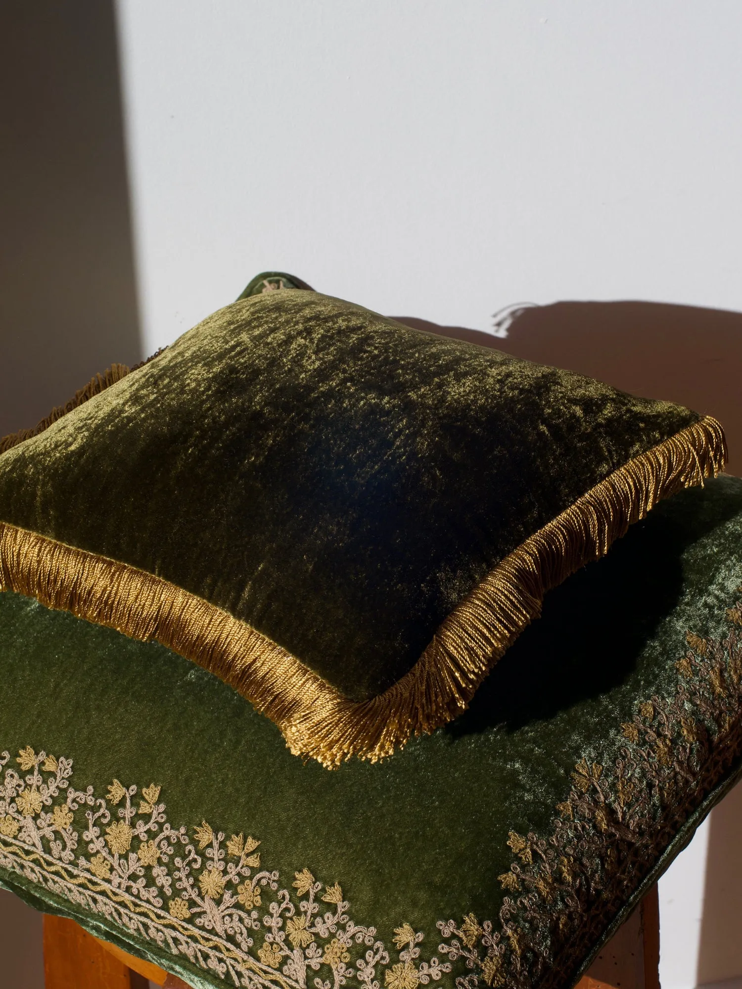 Square Cushion 27x27 - Olive Mud with Gold Fringe
