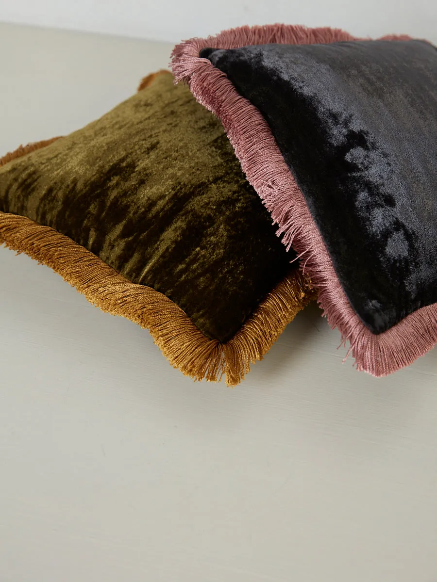 Square Cushion 27x27 - Olive Mud with Gold Fringe